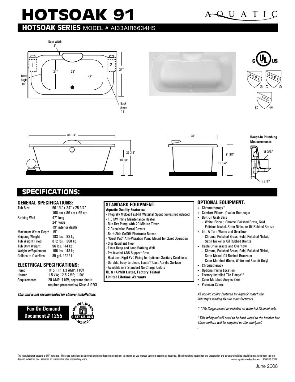 Aquatic HOTSOAK 91 AI33AIR6634HS User Manual | 1 page