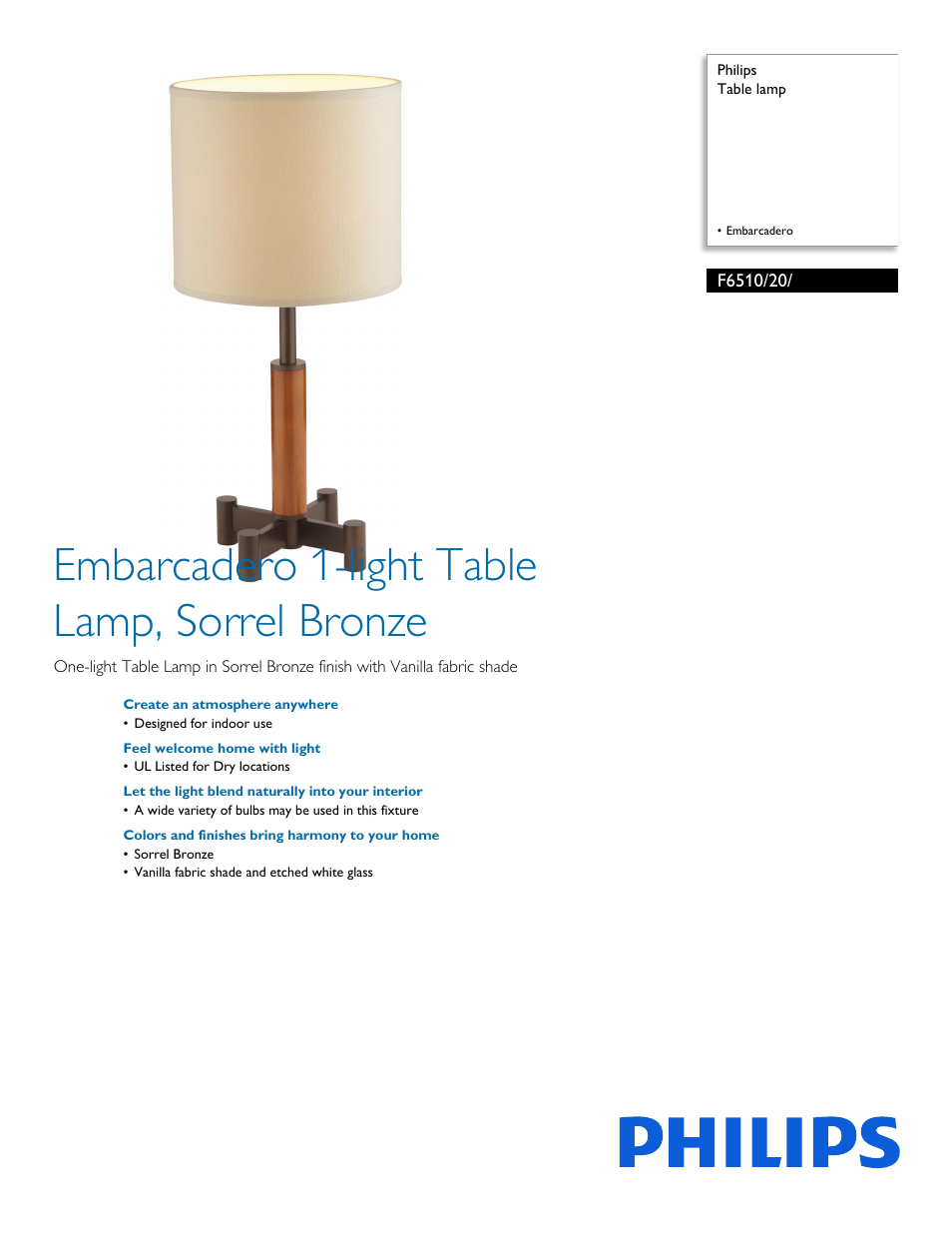 Philips Forecast Table lamp F6510-20- Embarcadero User Manual | 2 pages