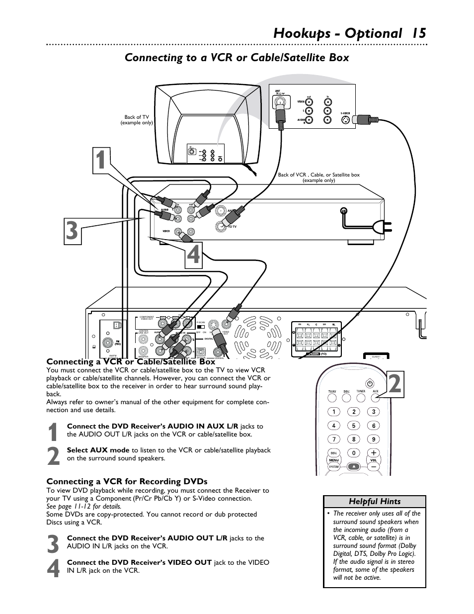 Hookups - optional 15, Connecting to a vcr or cable/satellite box, Connecting a vcr or cable/satellite box | Connecting a vcr for recording dvds, Helpful hints | Philips MX3700D3799 User Manual | Page 15 / 44