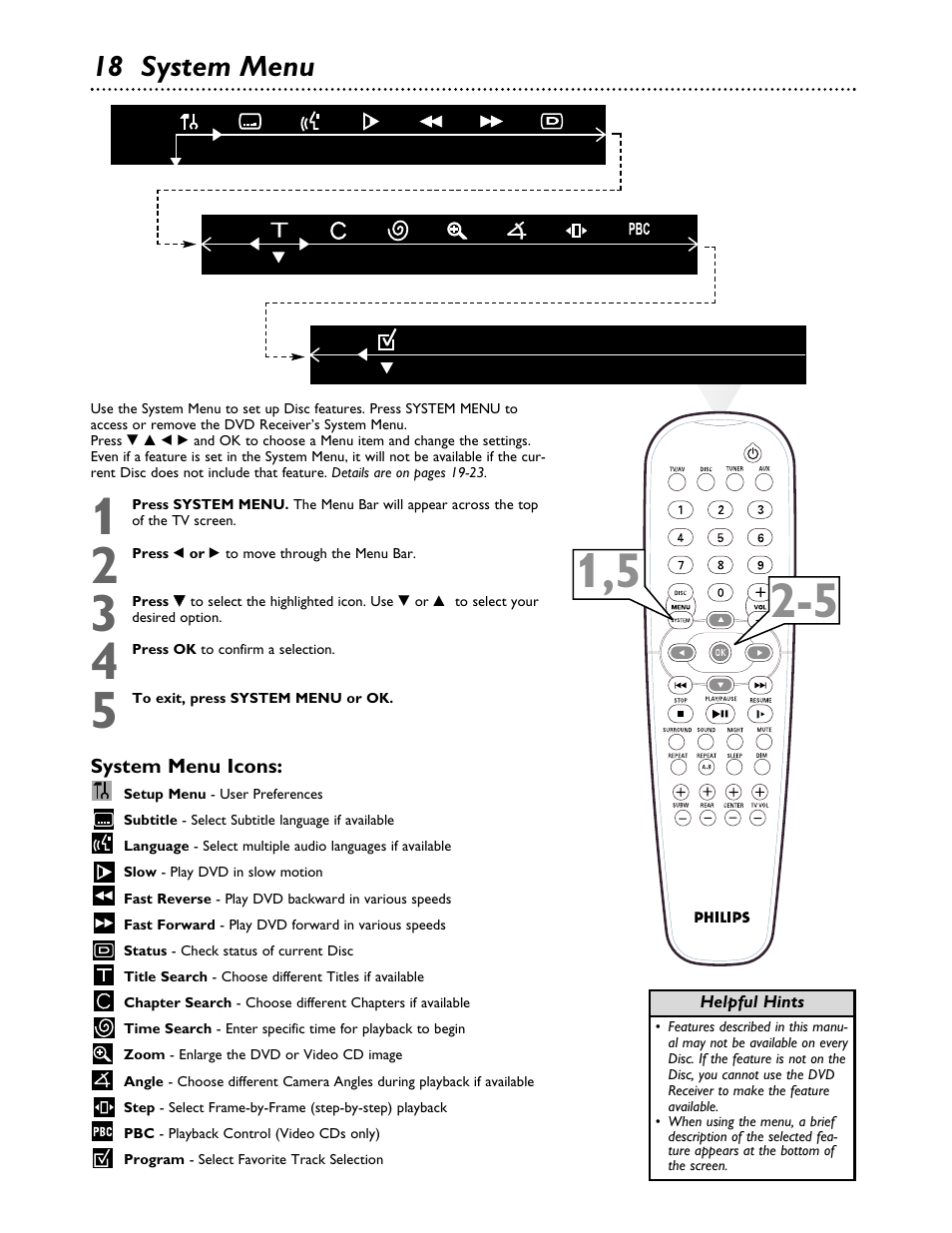 18 system menu | Philips MX3700D3799 User Manual | Page 18 / 44
