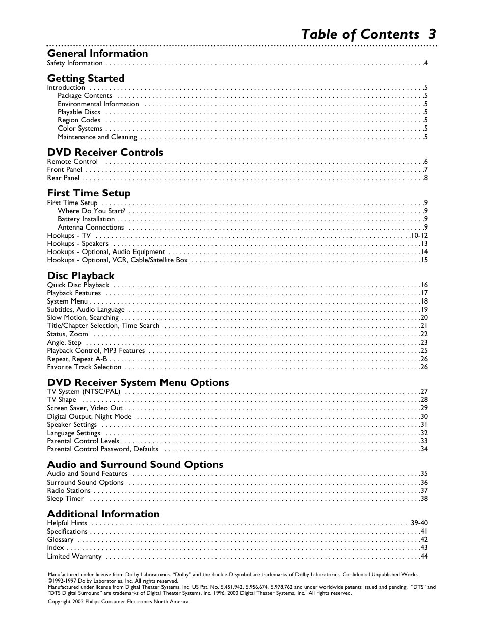 Table of contents 3, General information, Getting started | Dvd receiver controls, First time setup, Disc playback, Dvd receiver system menu options, Audio and surround sound options, Additional information | Philips MX3700D3799 User Manual | Page 3 / 44