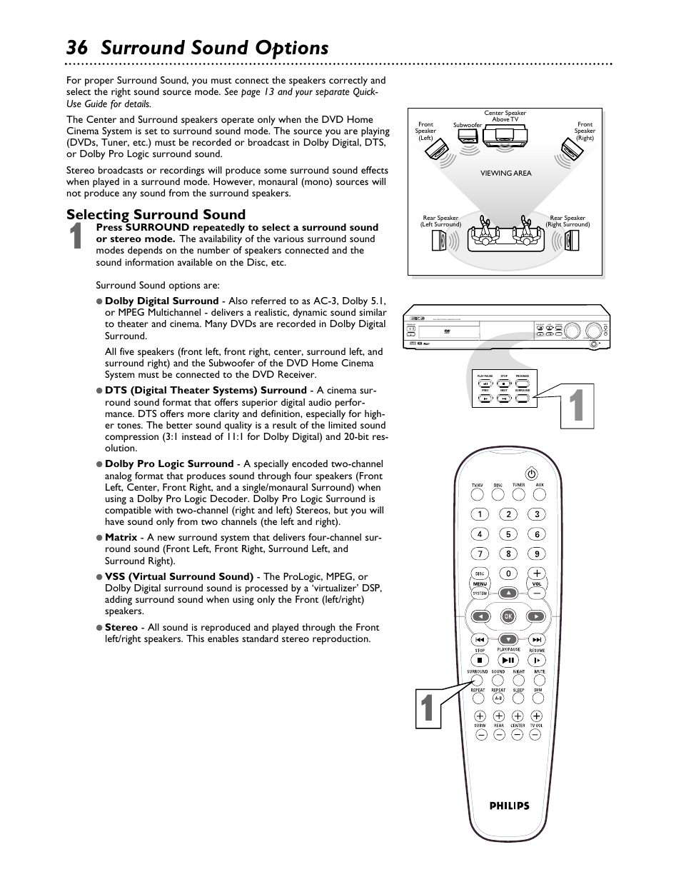 36 surround sound options, Selecting surround sound | Philips MX3700D3799 User Manual | Page 36 / 44