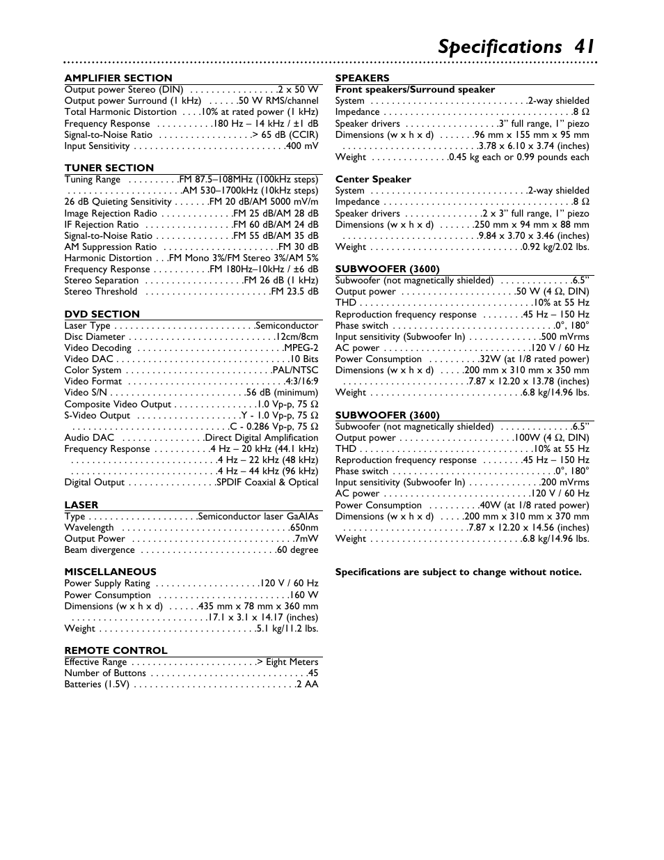 Specifications 41 | Philips MX3700D3799 User Manual | Page 41 / 44