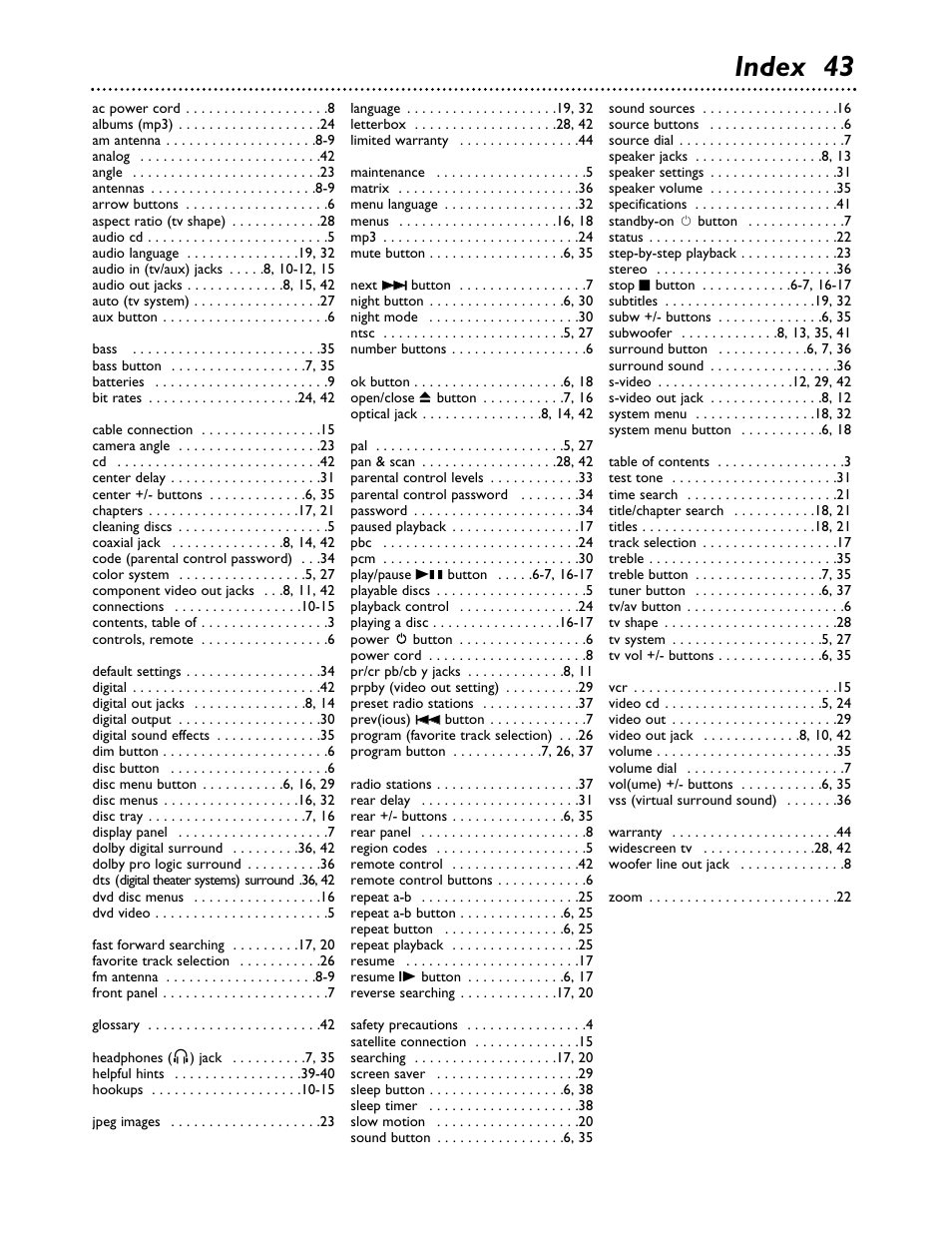 Index 43 | Philips MX3700D3799 User Manual | Page 43 / 44