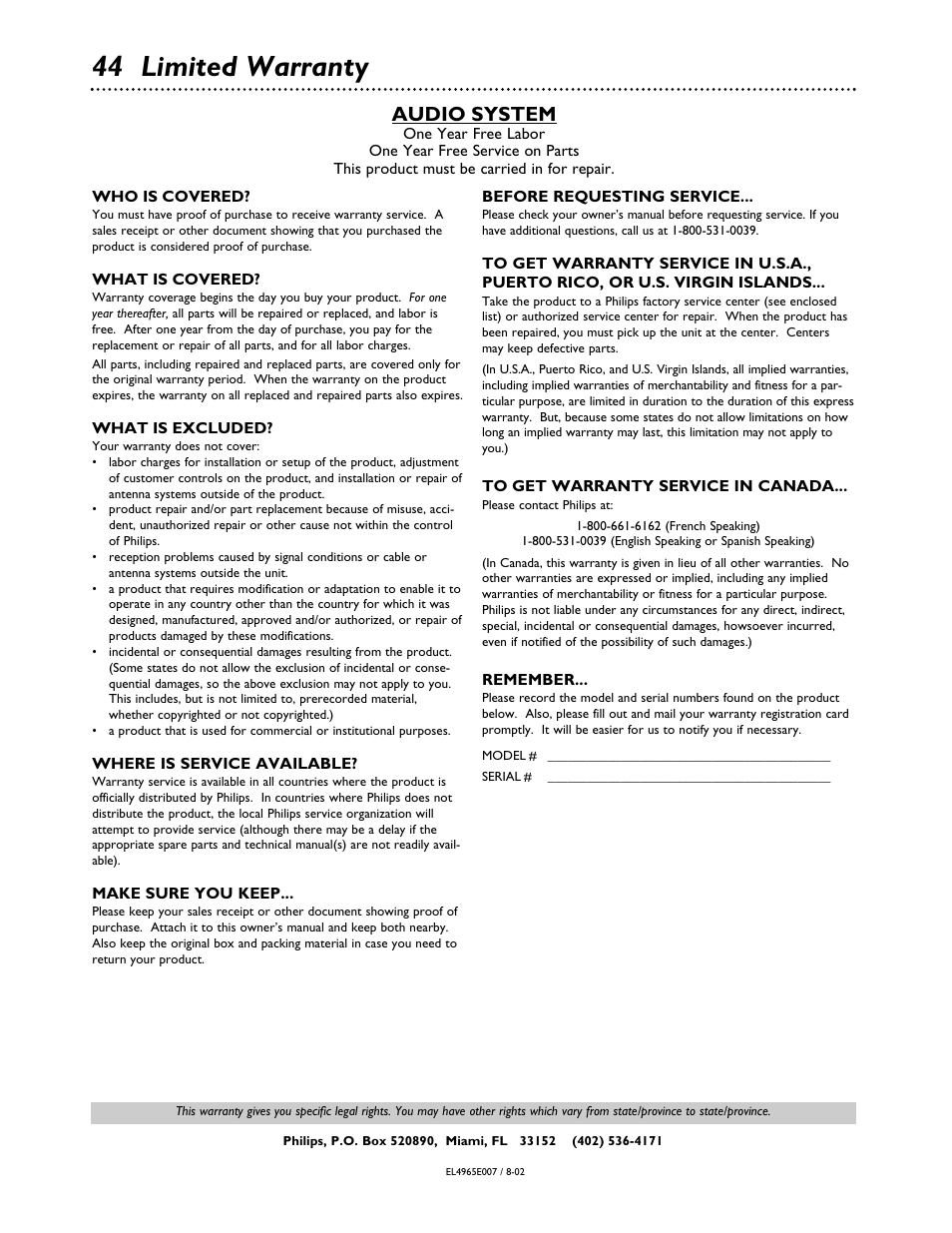 44 limited warranty, Audio system | Philips MX3700D3799 User Manual | Page 44 / 44