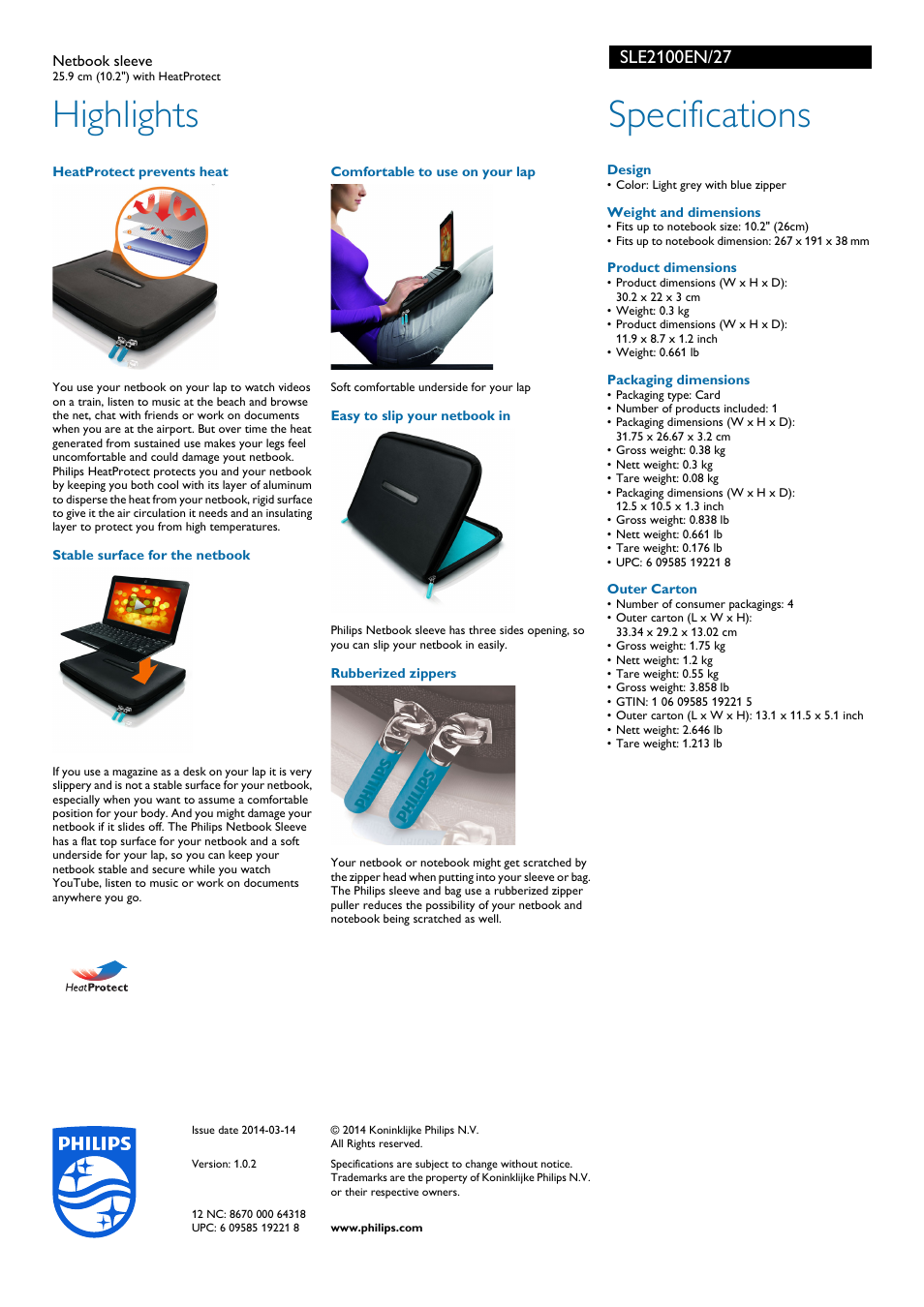 Highlights, Specifications | Philips SLE2100EN-27 User Manual | Page 2 / 2