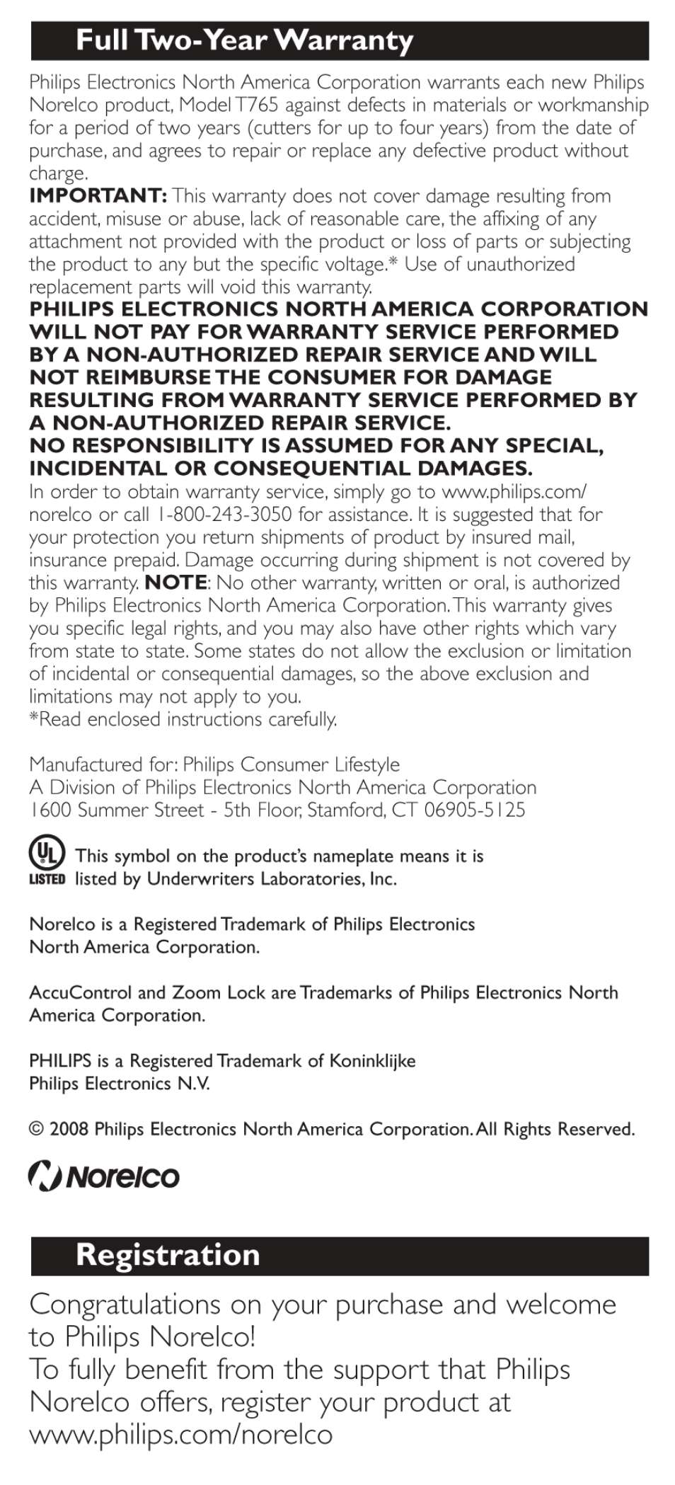 Full two-year warranty, Registration, Cjmreico | Philips T765-60 User Manual | Page 11 / 12