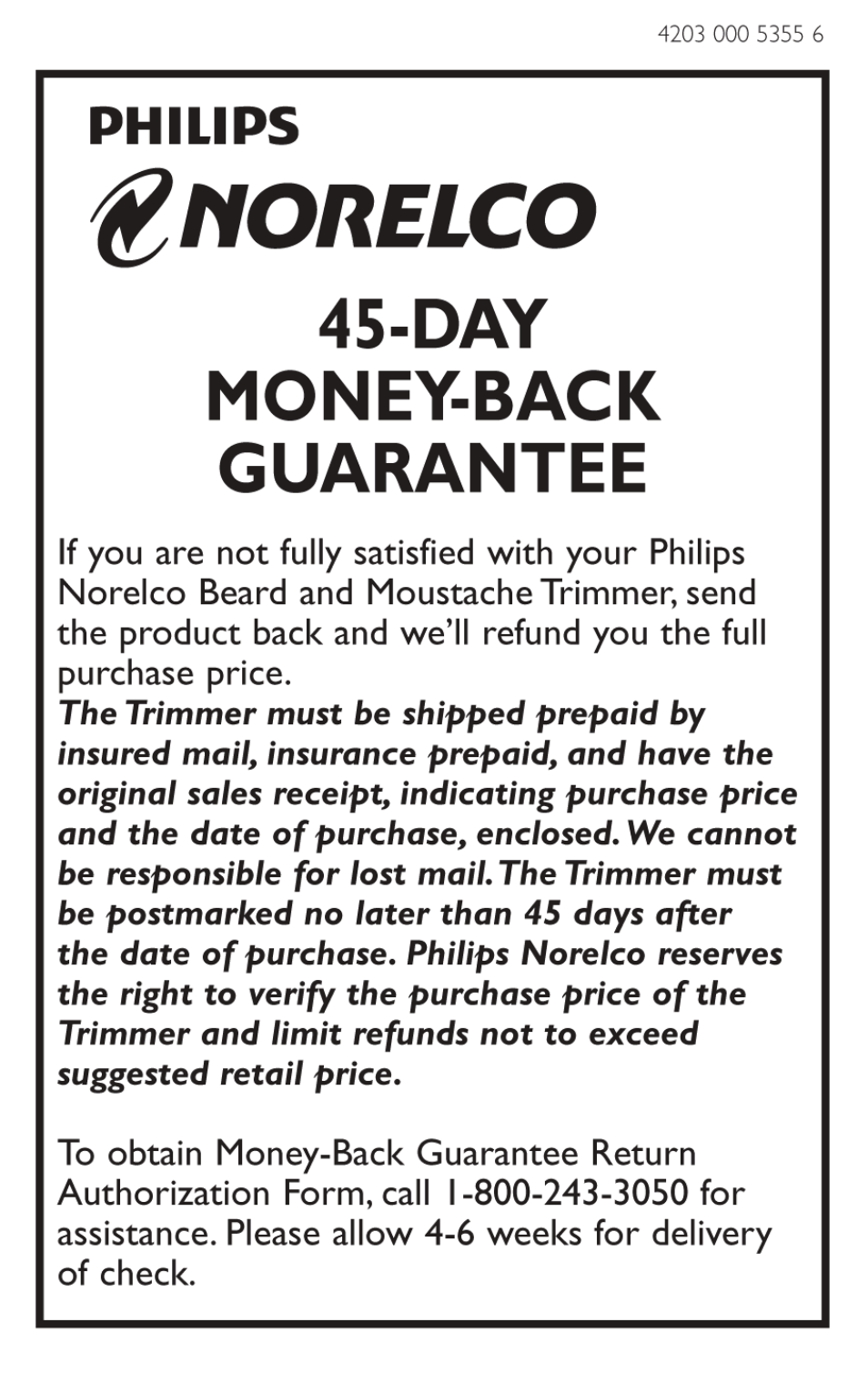 Norelco, Day money-back guarantee | Philips T765-60 User Manual | Page 12 / 12