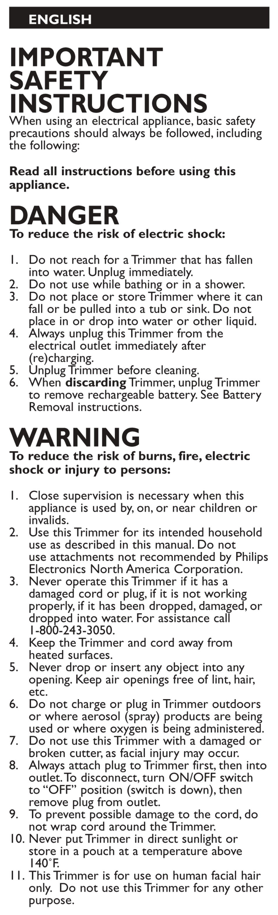 Read all instructions before using this appliance, To reduce the risk of burns, fire, electric, Important safety instructions | Danger, Warning | Philips T765-60 User Manual | Page 2 / 12