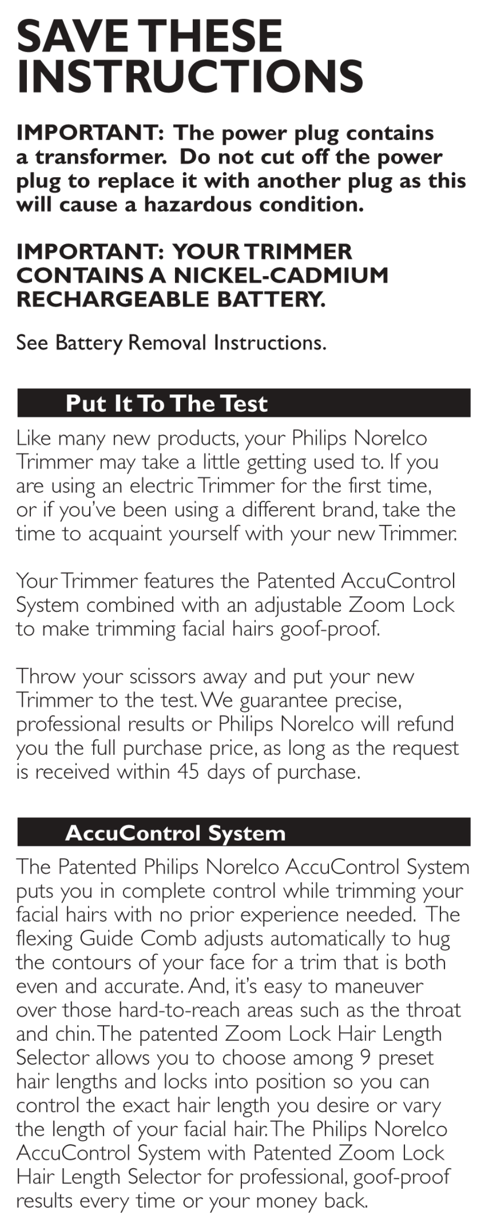 Put it to the test, Accucontrol system, Savethese instructions | Philips T765-60 User Manual | Page 3 / 12