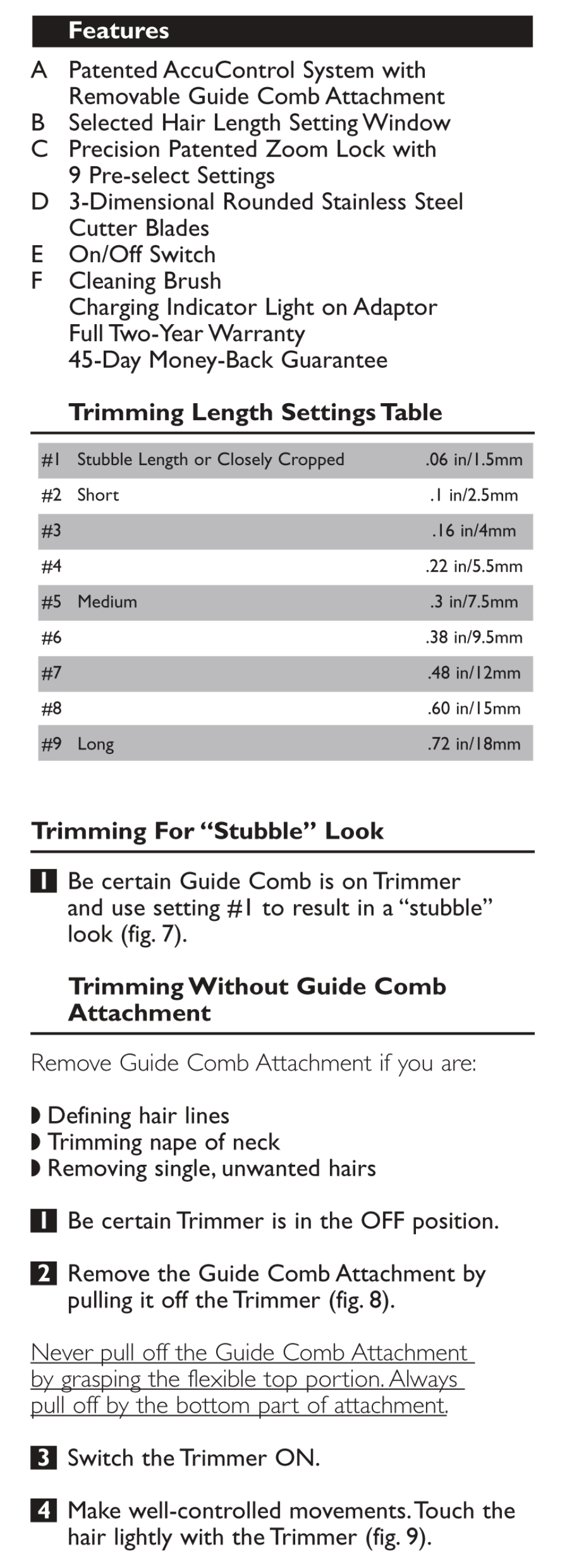 Trimming length settings table, Trimming for “stubble” look, Trimming without guide comb attachment | Features | Philips T765-60 User Manual | Page 6 / 12