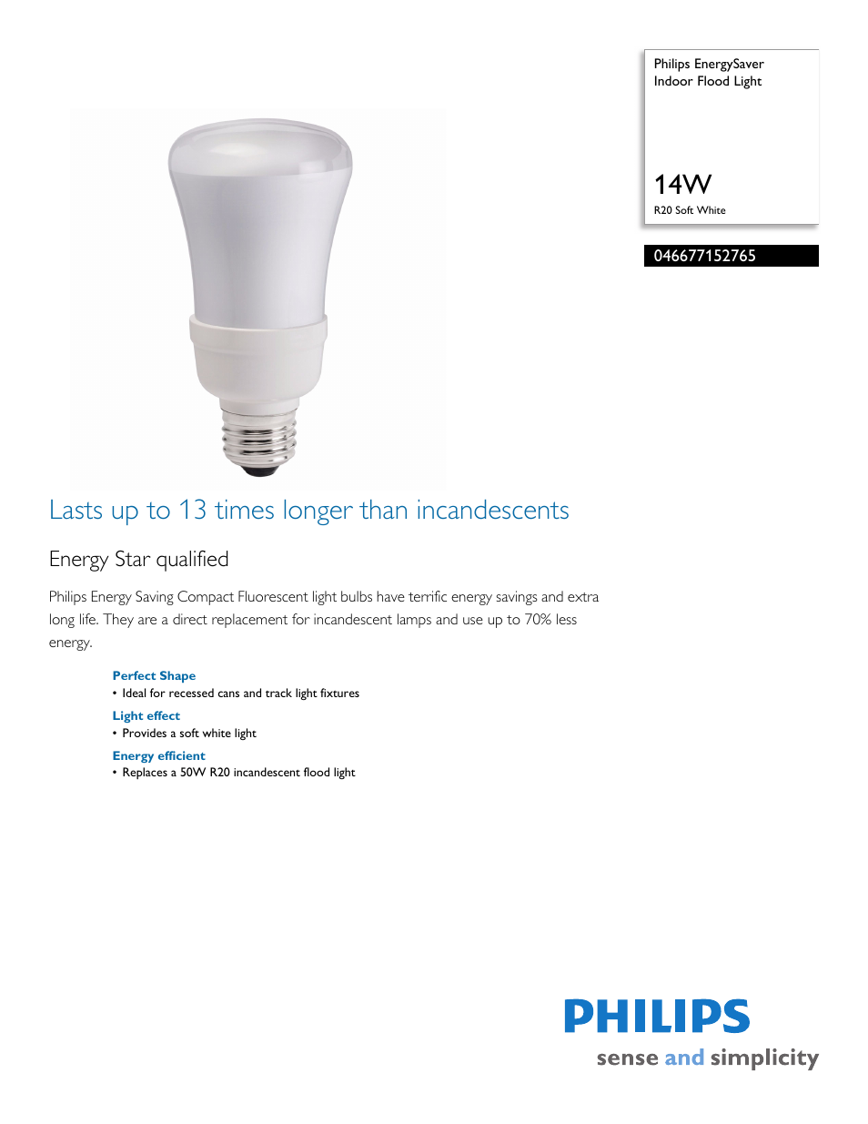 Philips EnergySaver Indoor Flood Light 046677152765 14W R20 Soft White User Manual | 2 pages