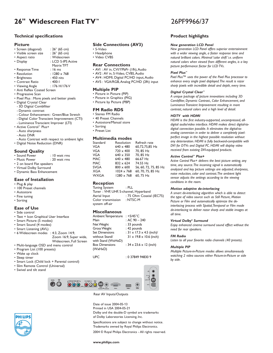 26" widescreen flat tv | Philips 26PF9966-37 User Manual | Page 2 / 2