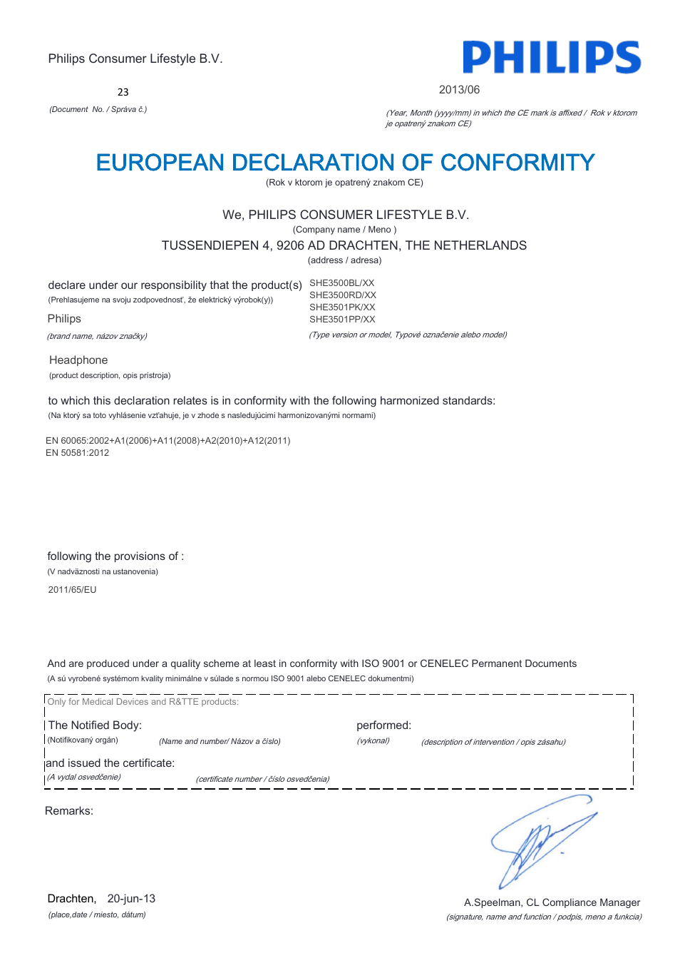 European declaration of conformity | Philips SHE3501PK-00 User Manual | Page 17 / 21