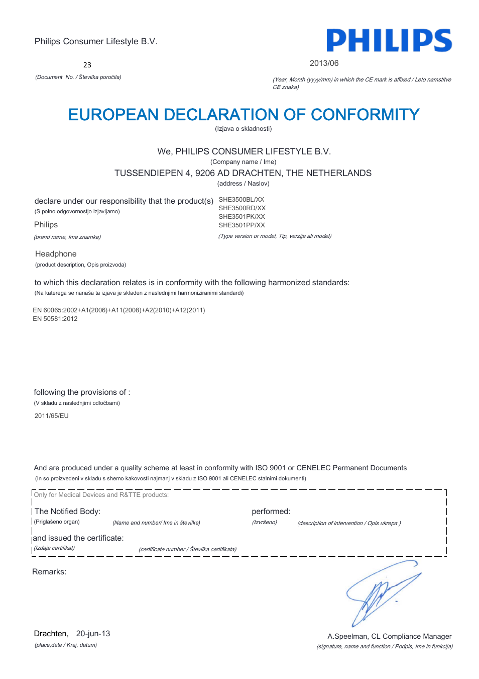 European declaration of conformity | Philips SHE3501PK-00 User Manual | Page 18 / 21