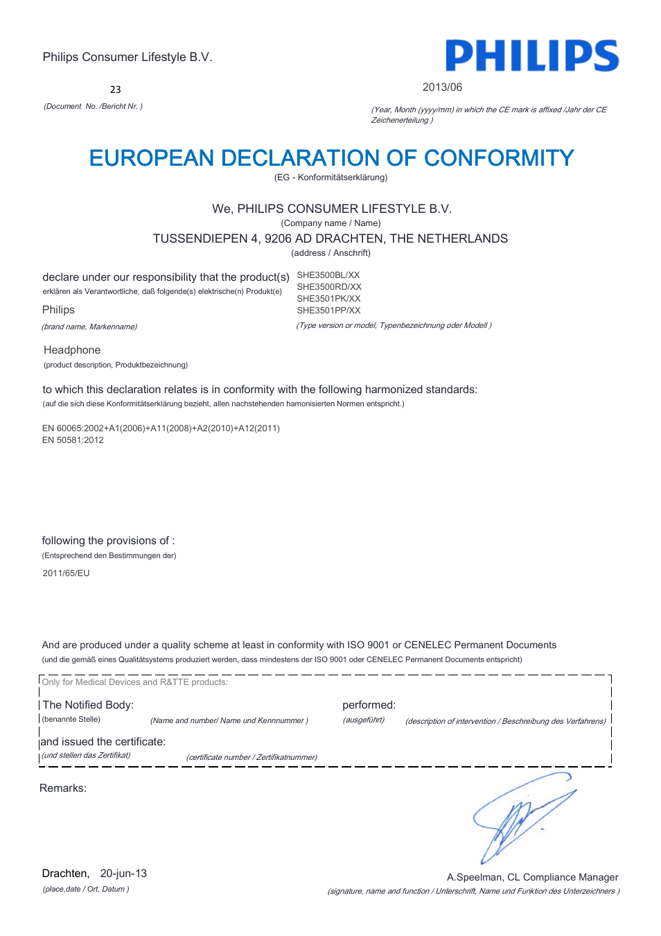 European declaration of conformity | Philips SHE3501PK-00 User Manual | Page 2 / 21