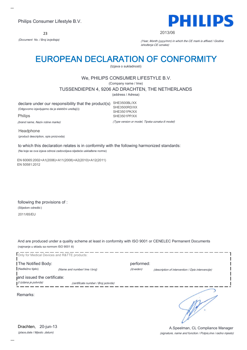 European declaration of conformity | Philips SHE3501PK-00 User Manual | Page 20 / 21