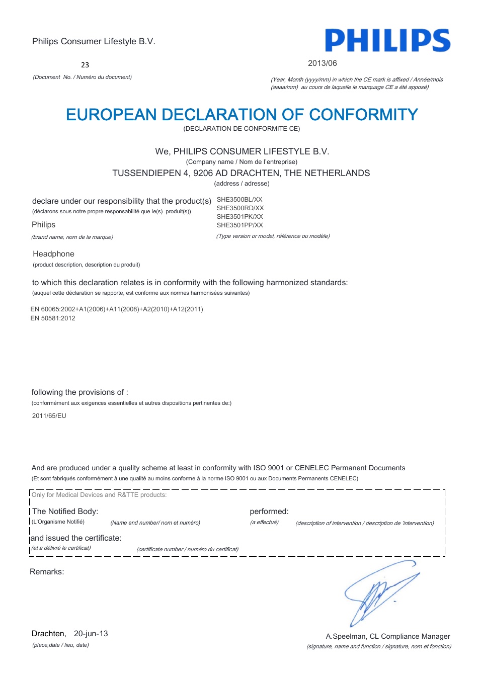 European declaration of conformity | Philips SHE3501PK-00 User Manual | Page 3 / 21