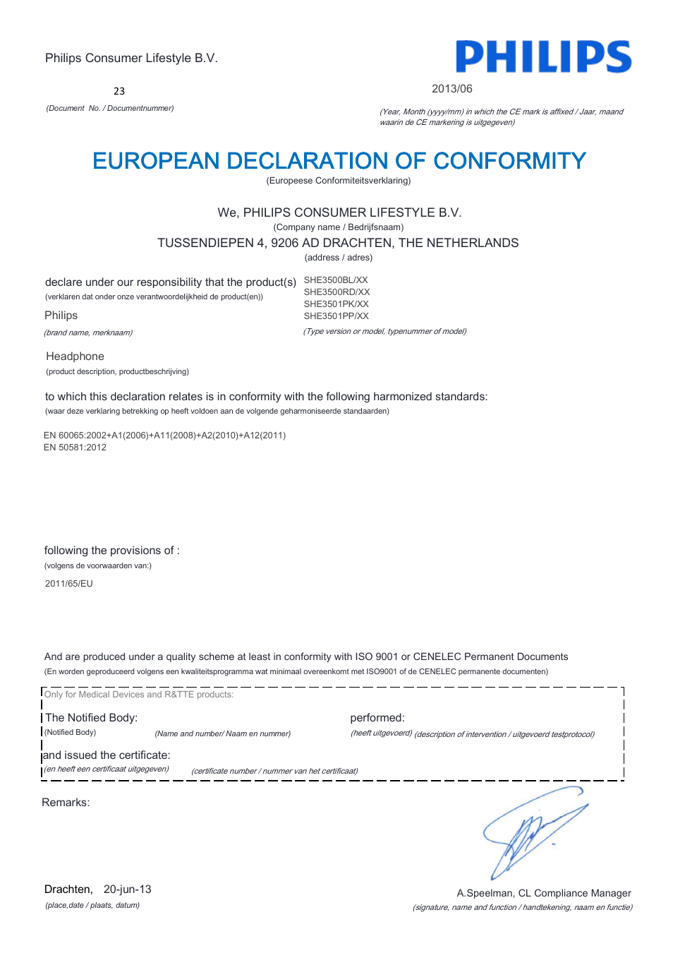 European declaration of conformity | Philips SHE3501PK-00 User Manual | Page 4 / 21