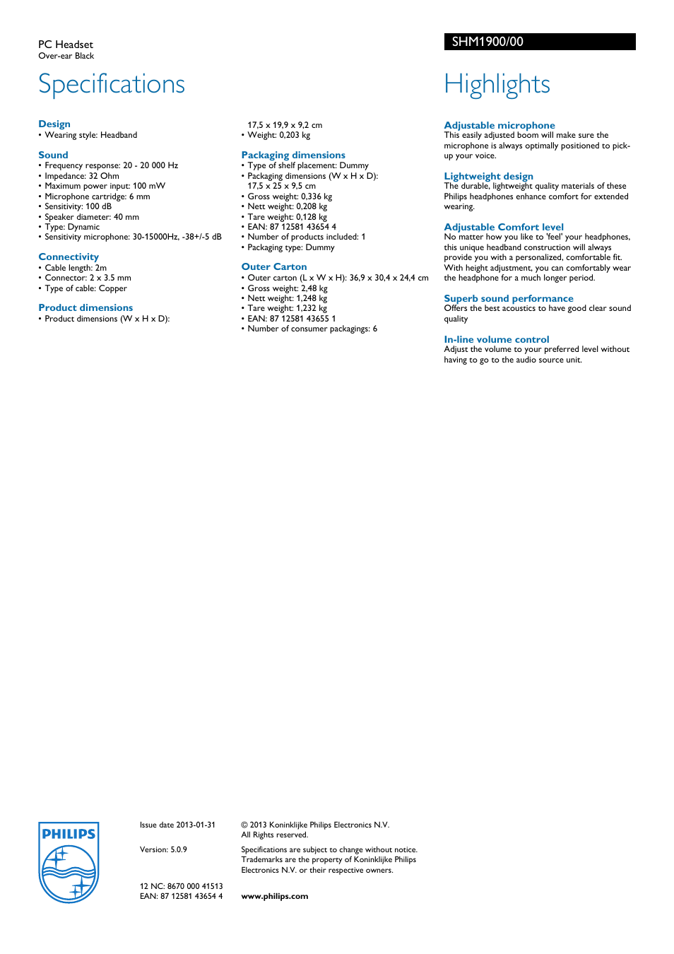 Specifications, Highlights | Philips SHM1900-00 User Manual | Page 2 / 2