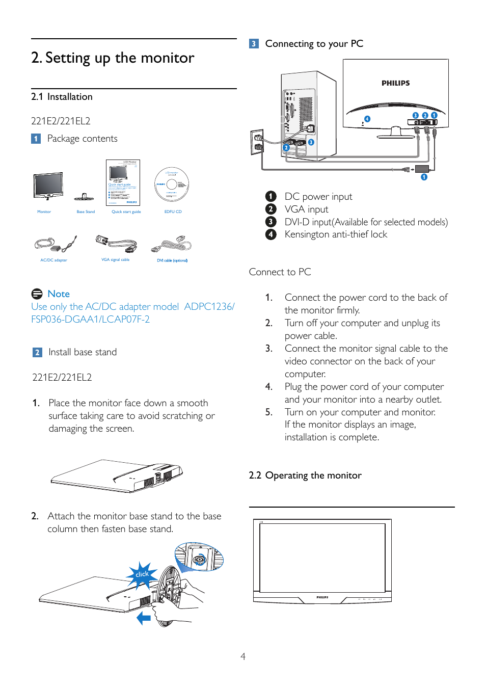 Setting up the monitor | Philips 221E2SB1-00 User Manual | Page 6 / 47