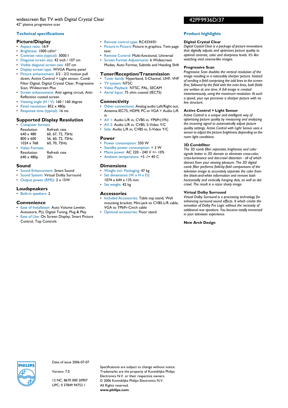 For preview purpose only | Philips 42PF9936D-37B User Manual | Page 2 / 2