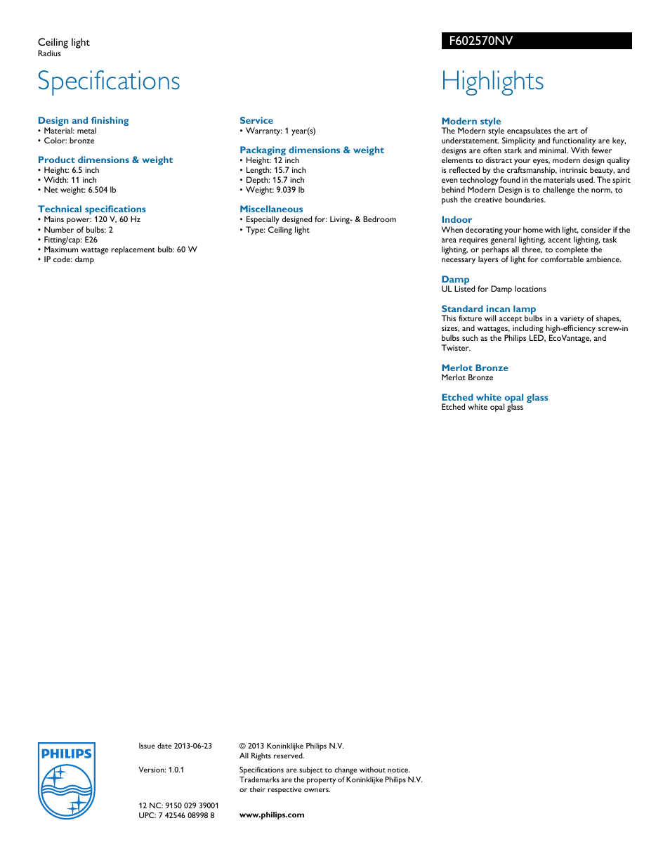 Specifications, Highlights | Philips F602570NV User Manual | Page 2 / 2