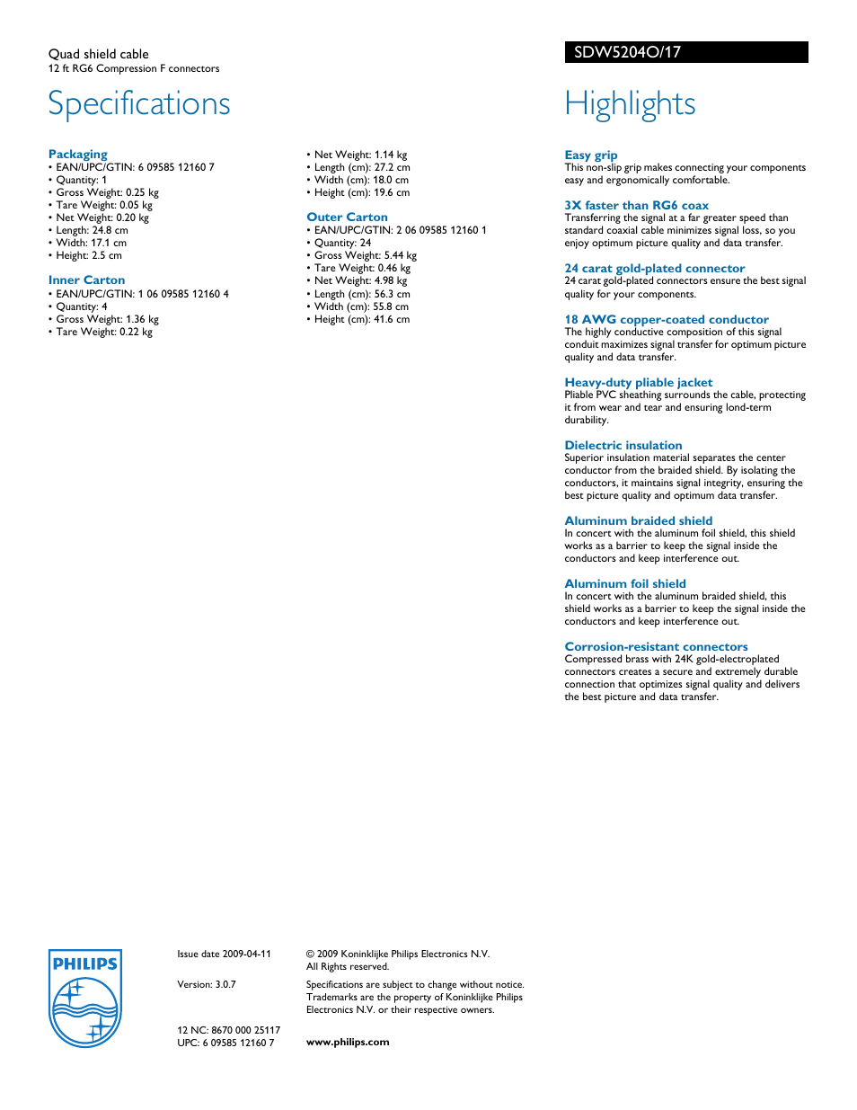 Specifications, Highlights | Philips SDW5204O-17 User Manual | Page 2 / 2