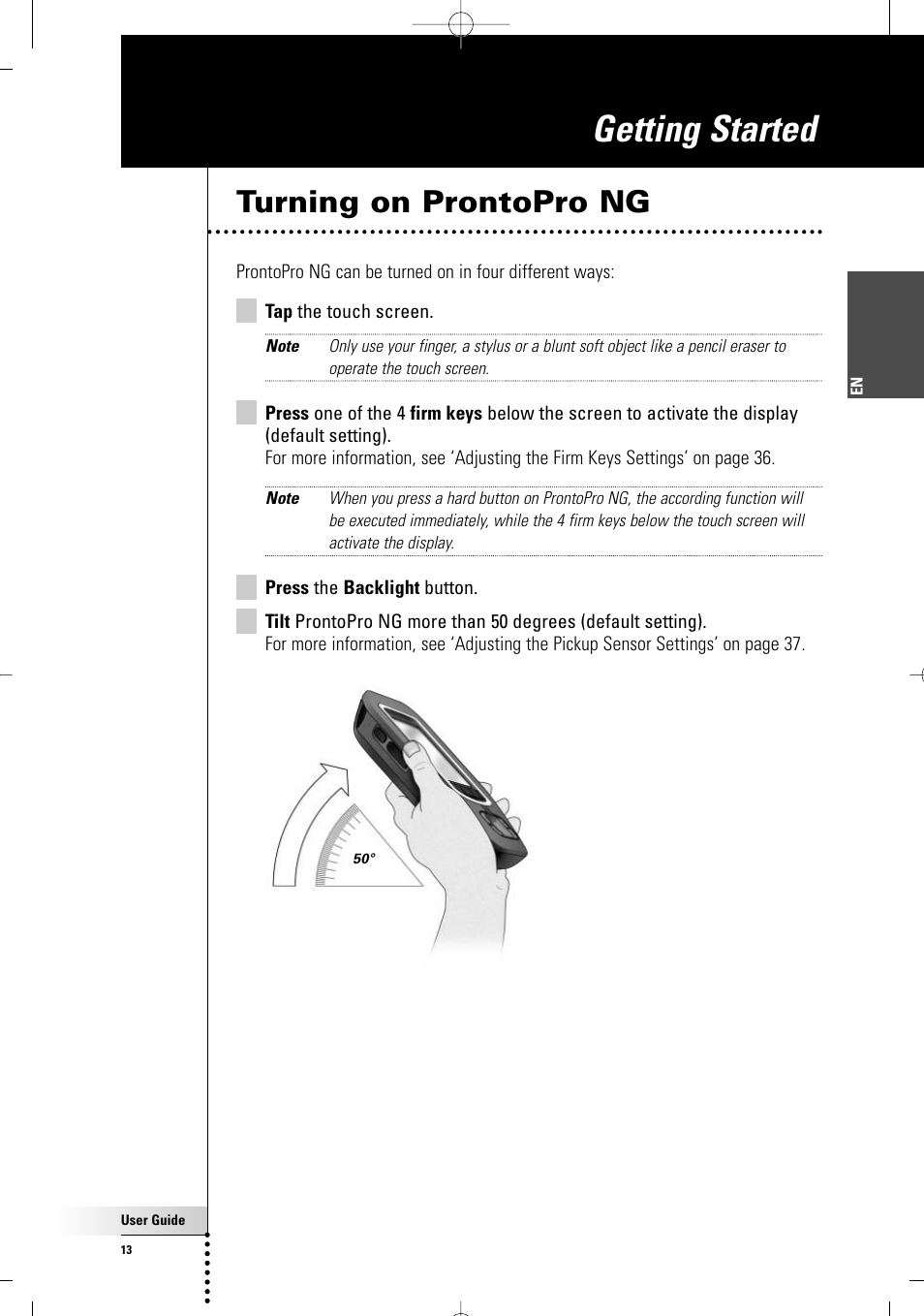 Getting started, Turning on prontopro ng | Philips TSU7500-17B User Manual | Page 15 / 72