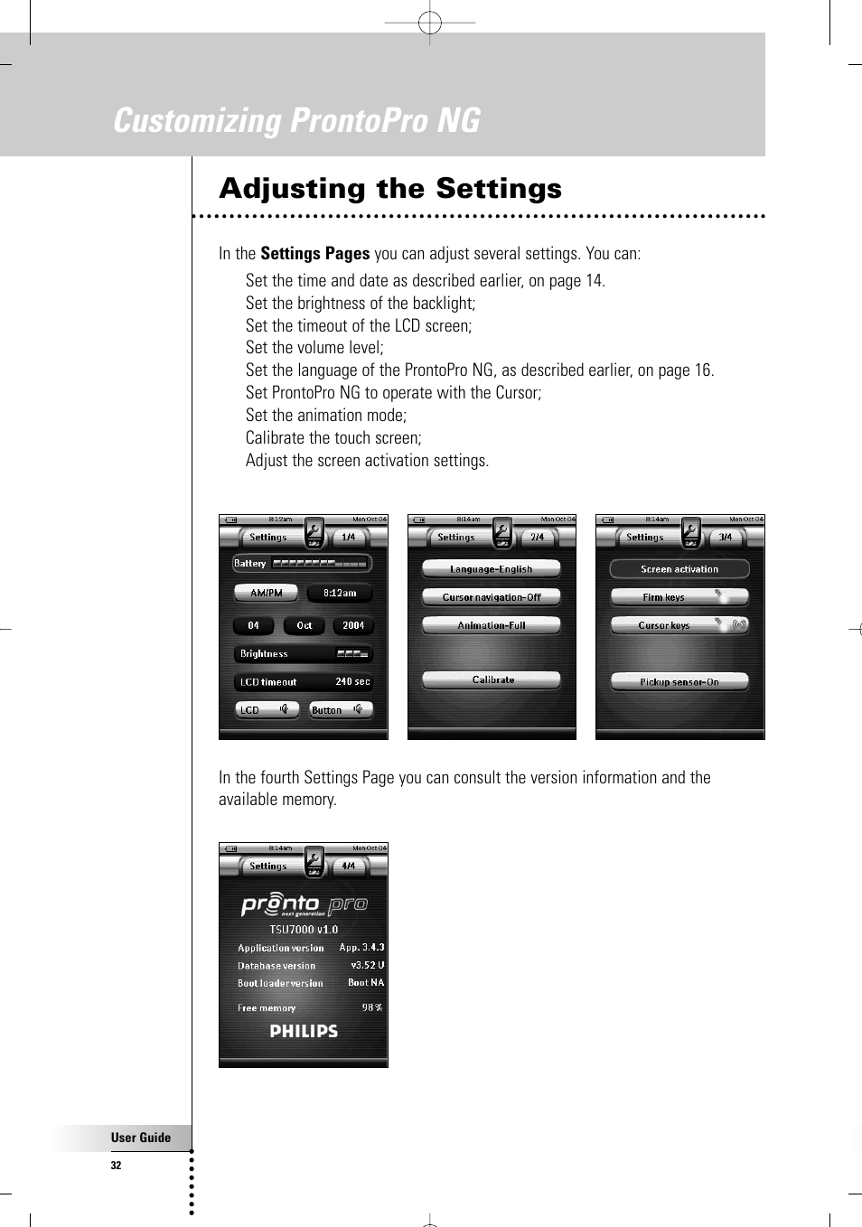 Customizing prontopro ng, Adjusting the settings | Philips TSU7500-17B User Manual | Page 34 / 72