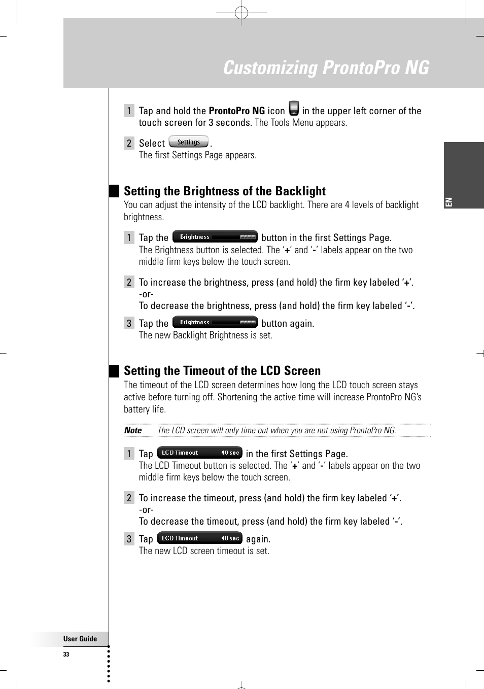 Customizing prontopro ng, Setting the brightness of the backlight, Setting the timeout of the lcd screen | Philips TSU7500-17B User Manual | Page 35 / 72