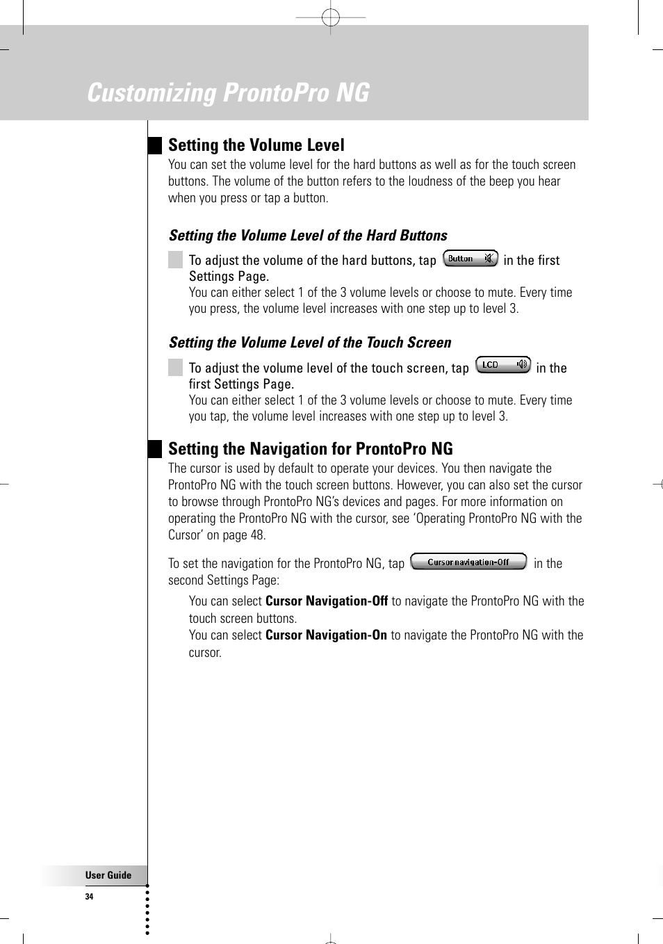 Customizing prontopro ng, Setting the volume level, Setting the navigation for prontopro ng | Philips TSU7500-17B User Manual | Page 36 / 72