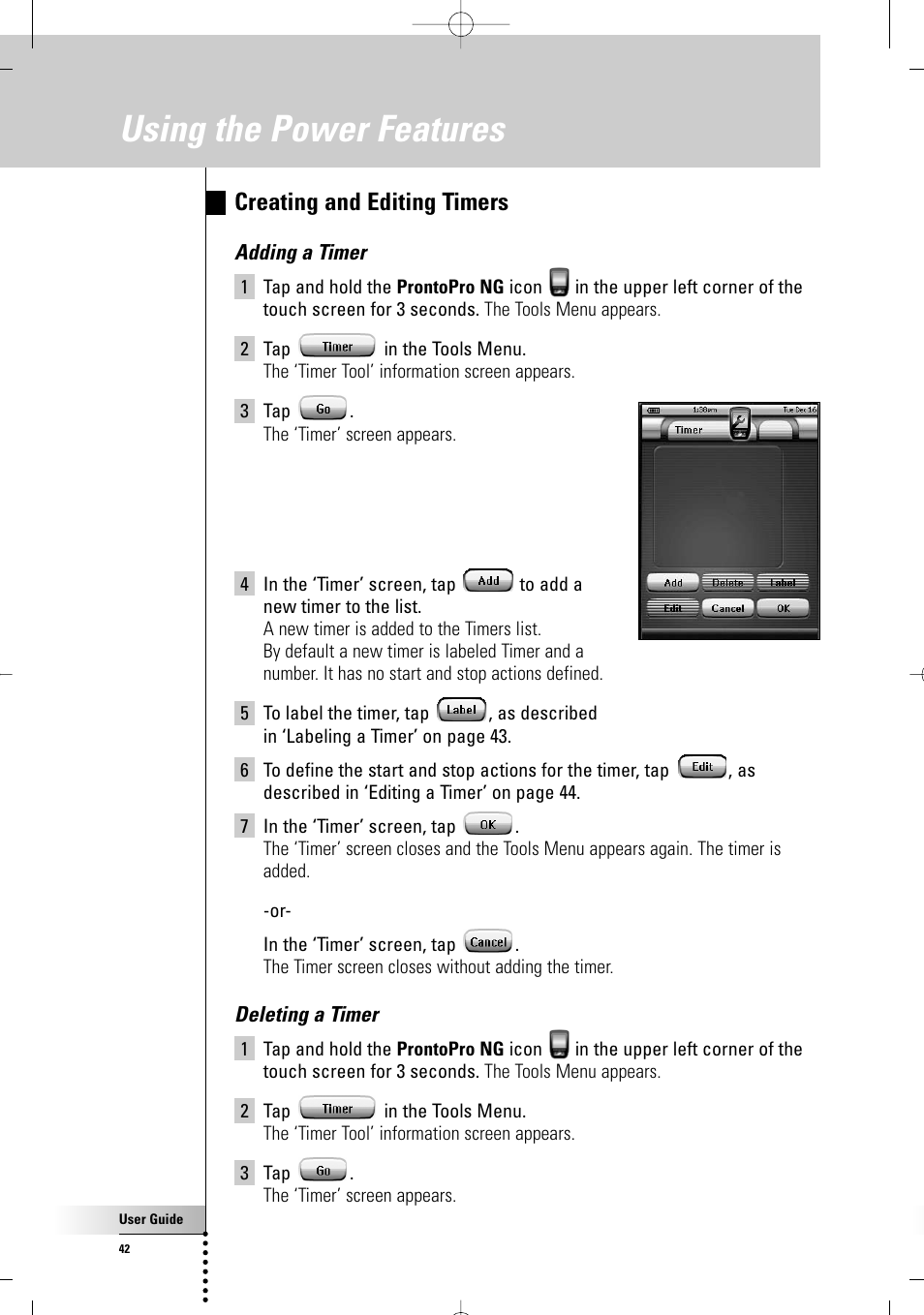 Using the power features, Creating and editing timers | Philips TSU7500-17B User Manual | Page 44 / 72