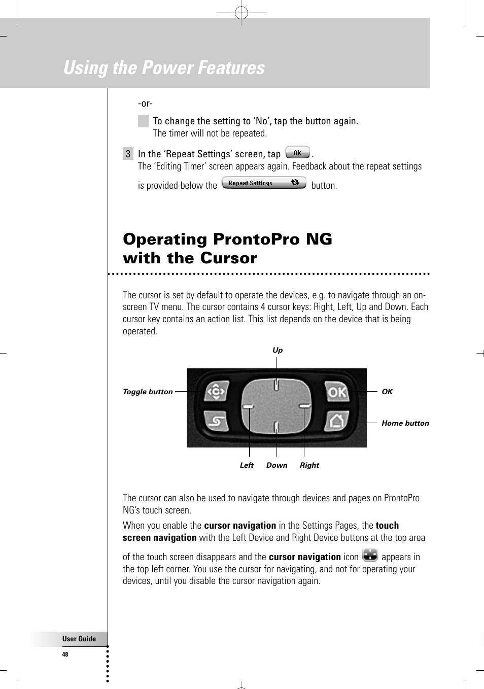 Using the power features, Operating prontopro ng with the cursor | Philips TSU7500-17B User Manual | Page 50 / 72