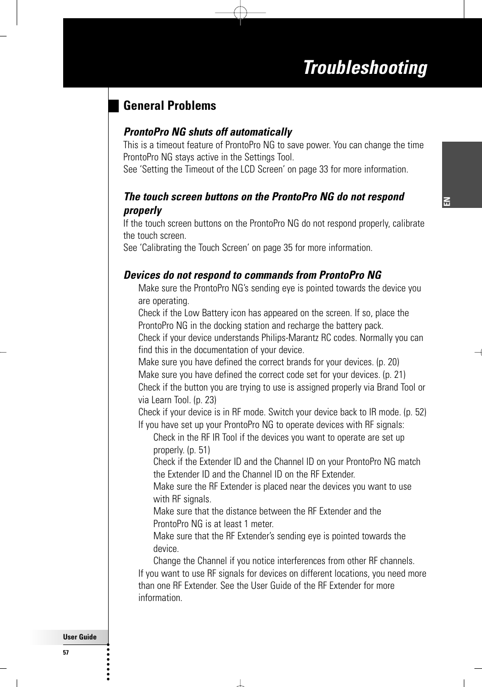 Troubleshooting, General problems, Prontopro ng shuts off automatically | Philips TSU7500-17B User Manual | Page 59 / 72