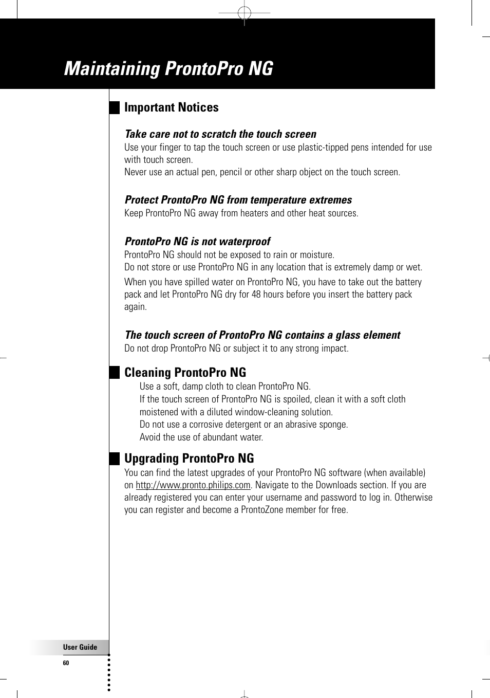 Maintaining prontopro ng, Important notices, Cleaning prontopro ng | Upgrading prontopro ng | Philips TSU7500-17B User Manual | Page 62 / 72