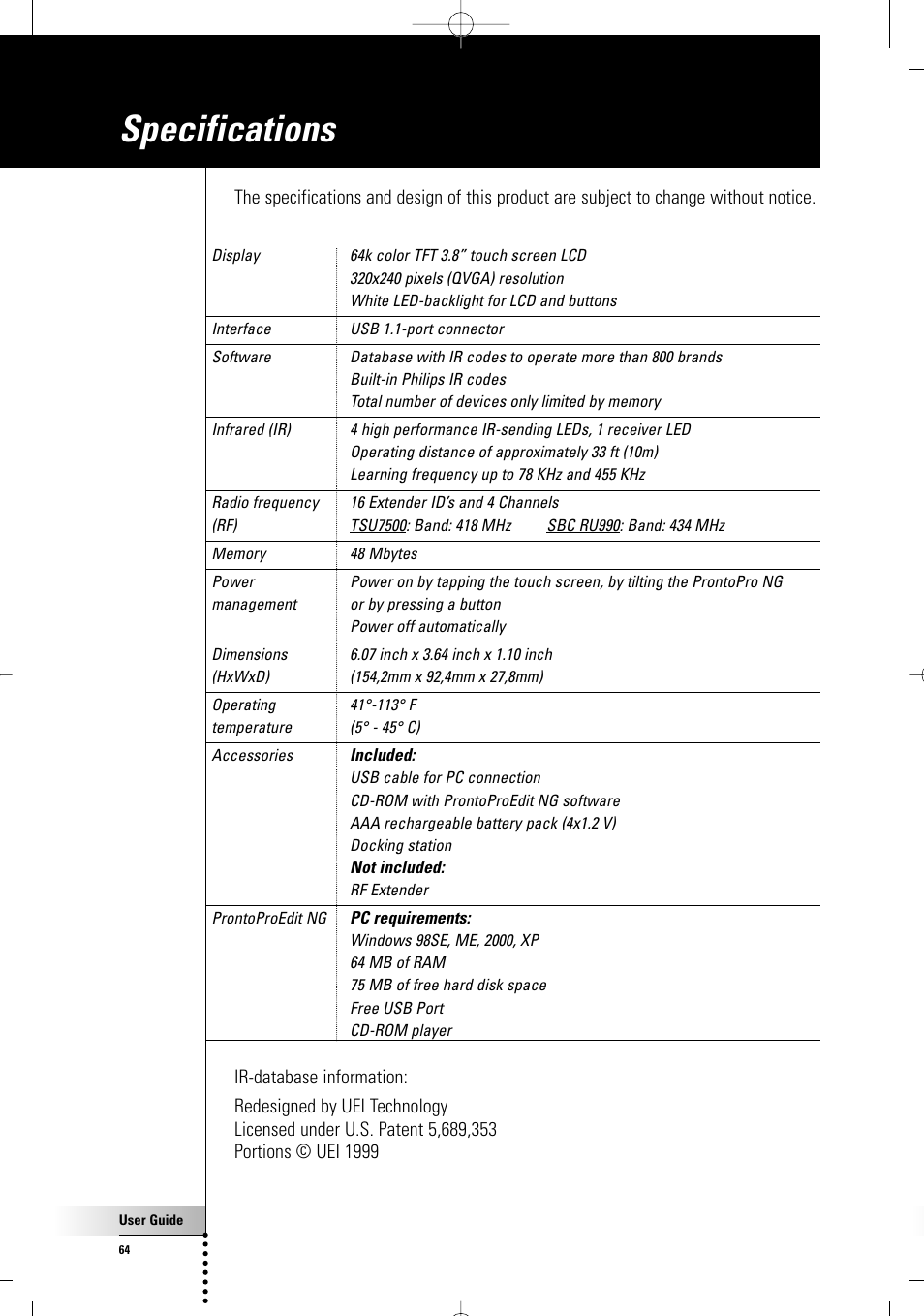 Specifications | Philips TSU7500-17B User Manual | Page 66 / 72