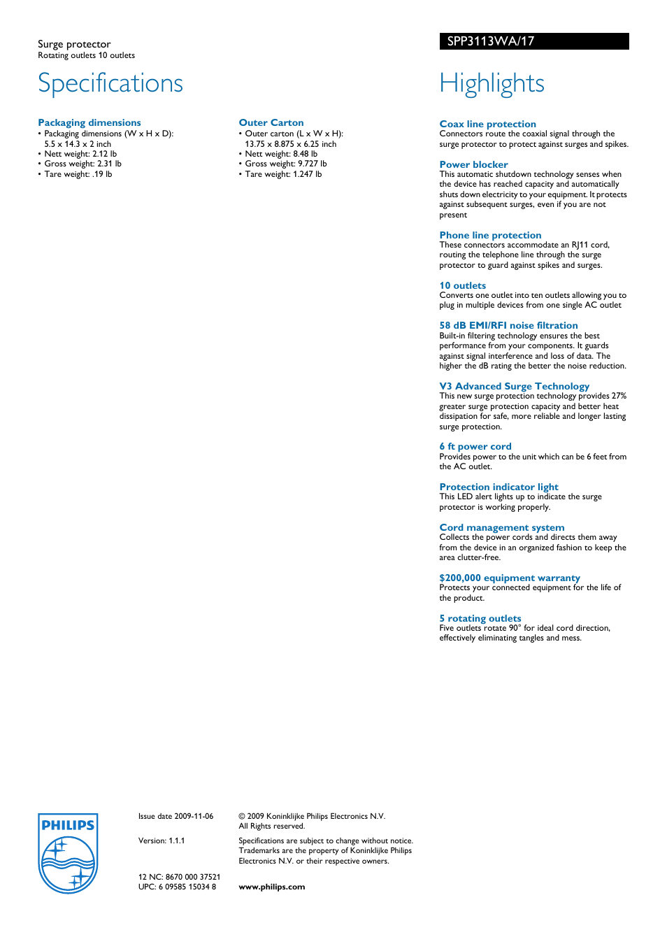 Specifications, Highlights | Philips SPP3113WA-17 User Manual | Page 2 / 2