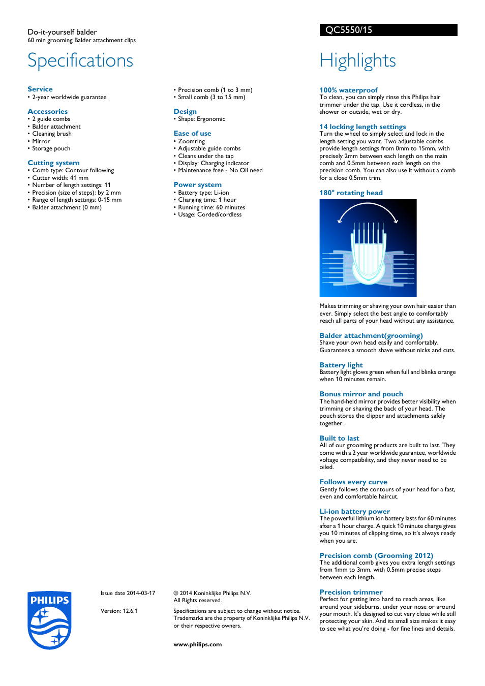 Specifications, Highlights | Philips QC5550-15 User Manual | Page 2 / 2