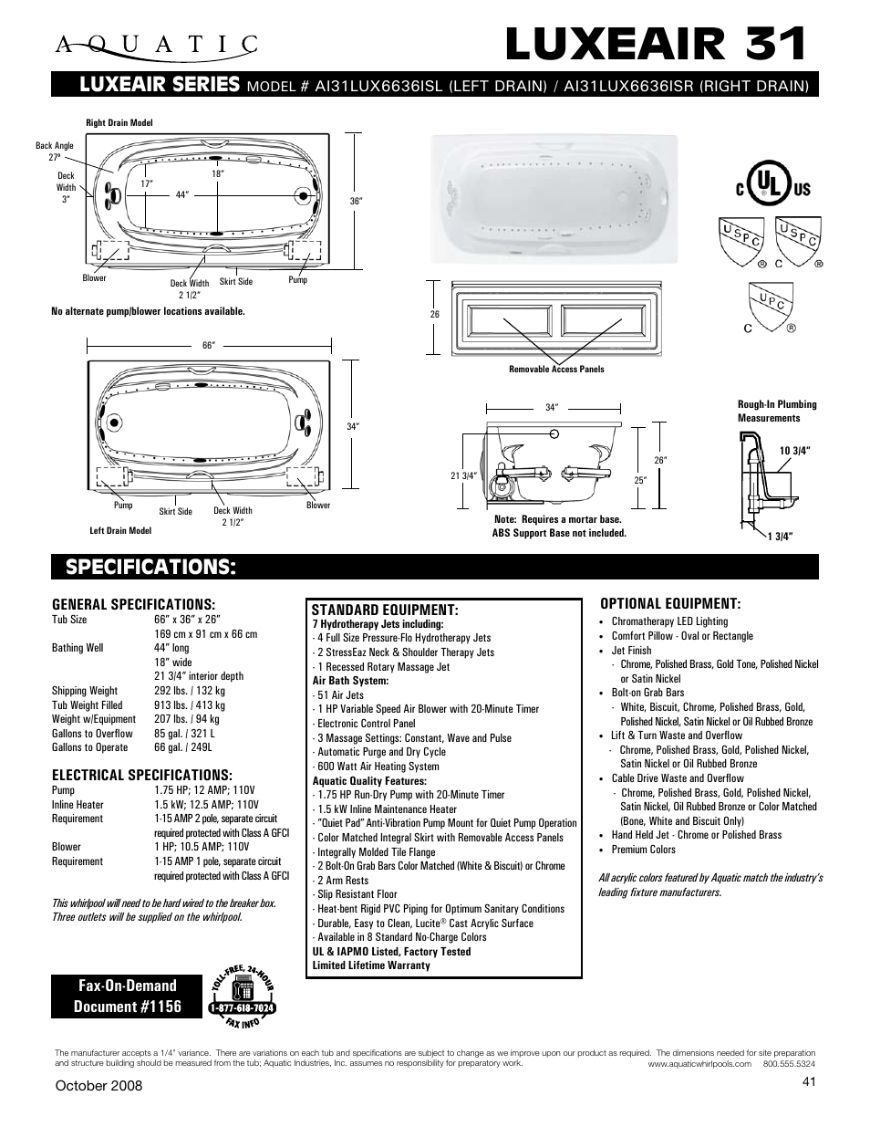 Aquatic AI31LUX6636ISR User Manual | 1 page