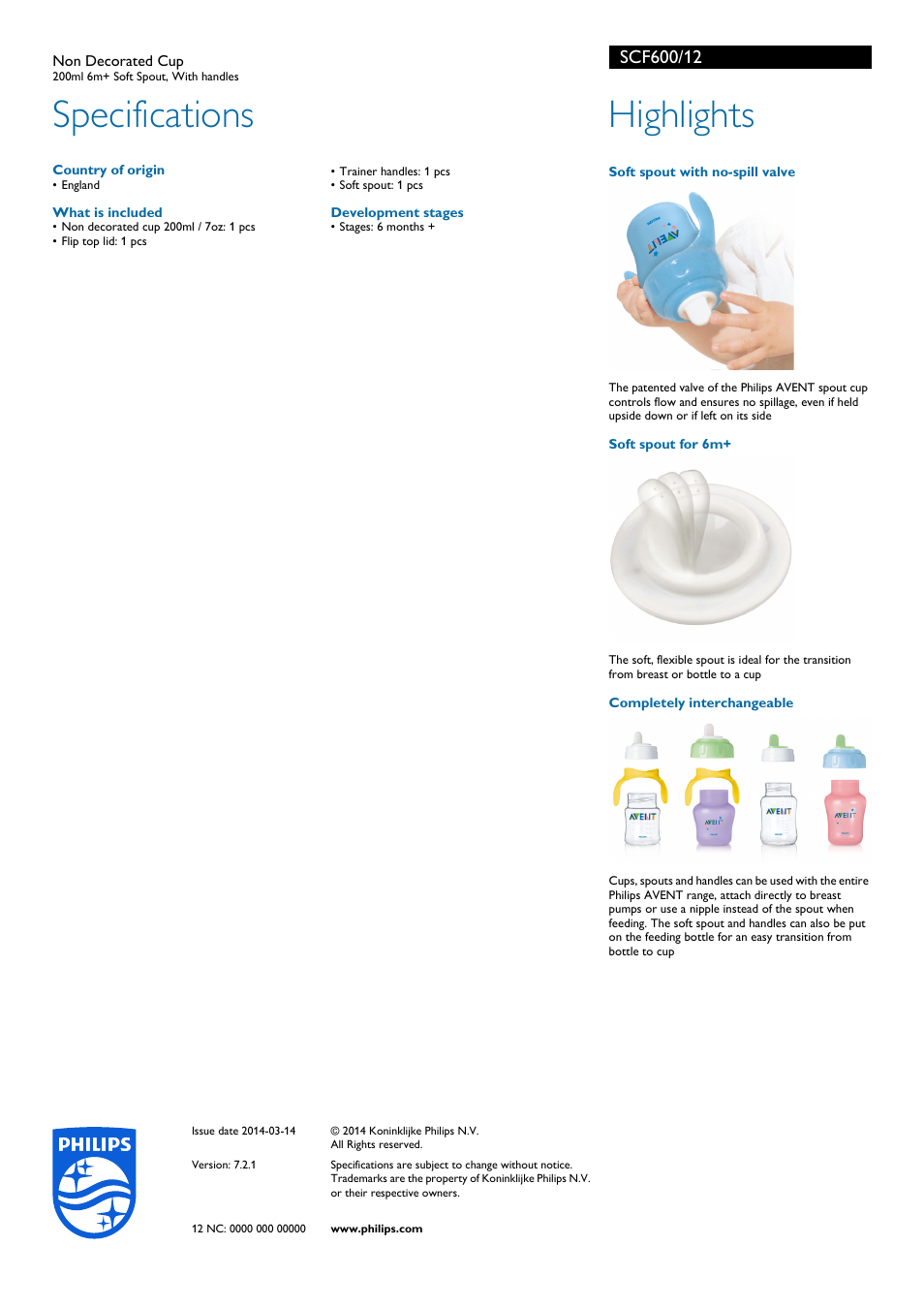 Specifications, Country of origin, What is included | Development stages, Soft spout with no-spill valve, Soft spout for 6m, Highlights | Philips SCF600-12 User Manual | Page 2 / 2