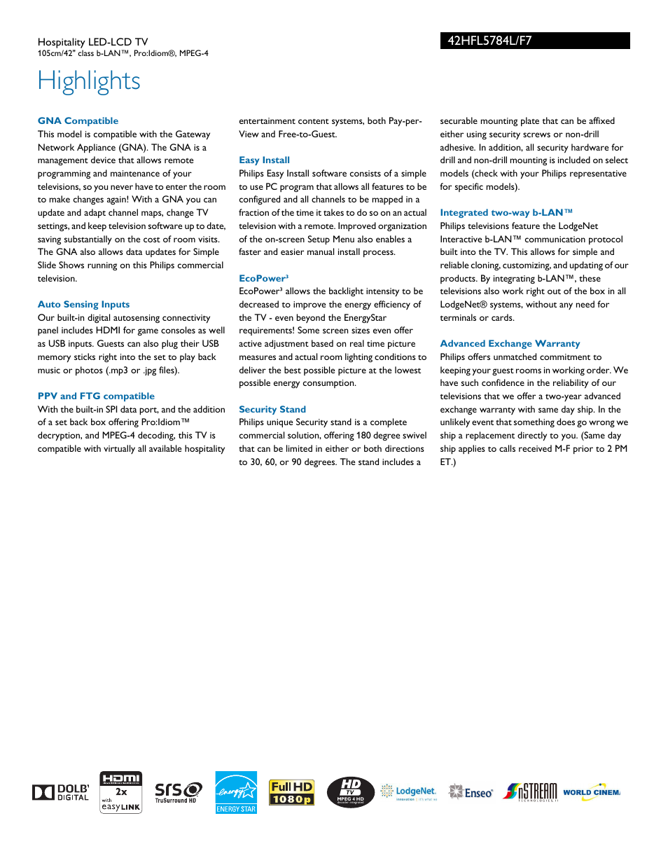 Highlights | Philips 42HFL5784L-F7 User Manual | Page 2 / 3