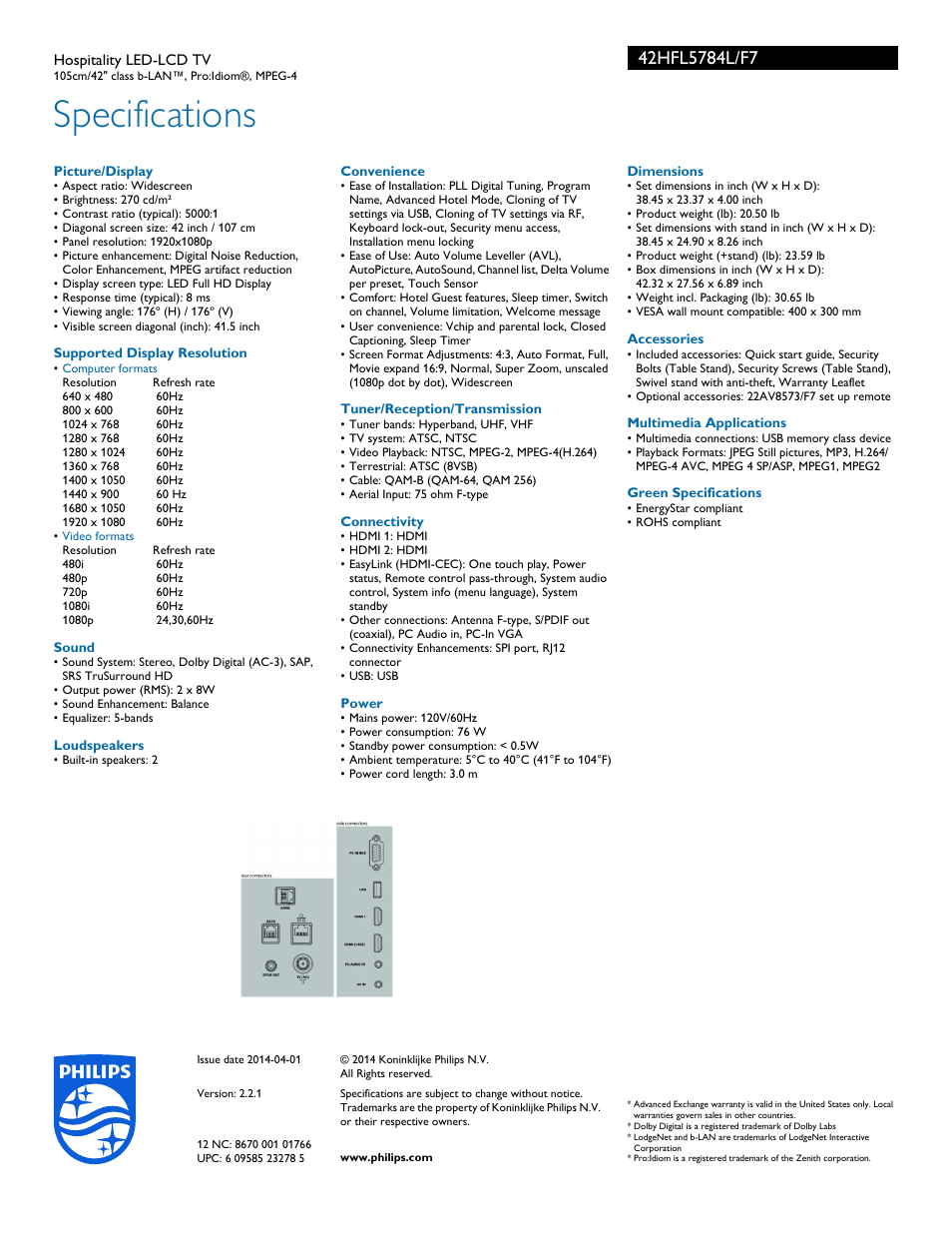 Specifications | Philips 42HFL5784L-F7 User Manual | Page 3 / 3