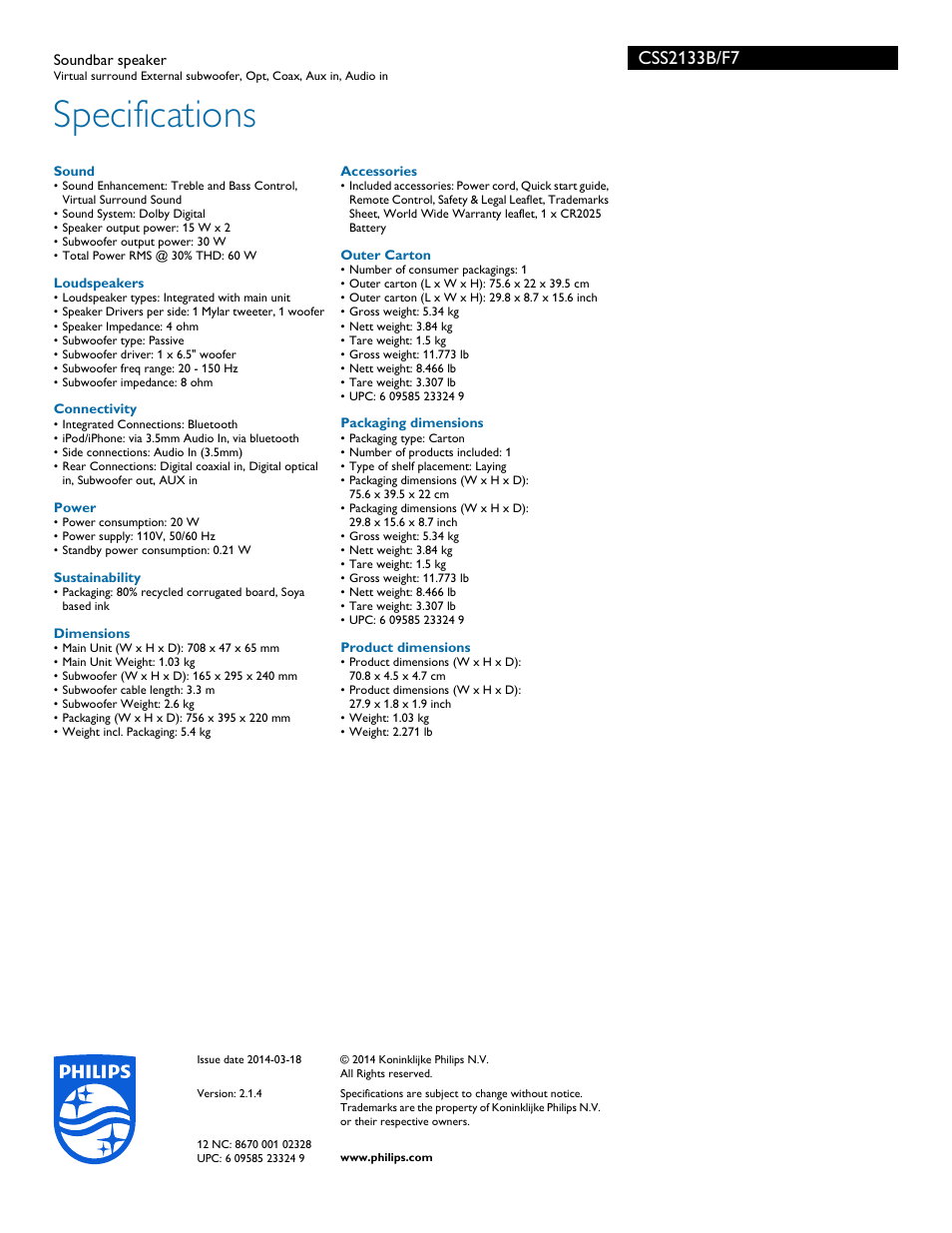 Specifications | Philips CSS2133B-F7 User Manual | Page 3 / 3