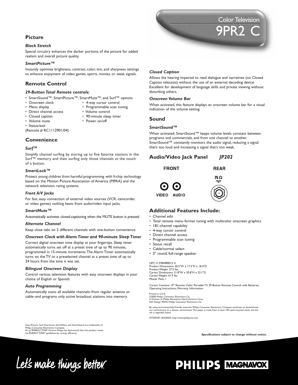 19pr2 1 c, Color television, Sound | Picture, Remote control, Convenience | Philips 19PR21C User Manual | Page 2 / 2