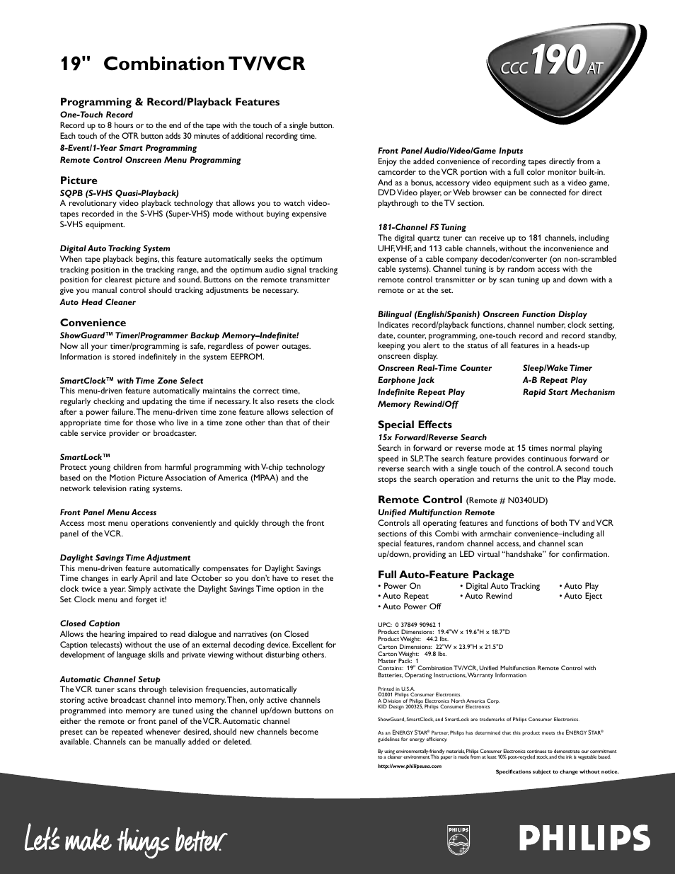 19" combination tv/vcr, At ccc | Philips CCC190AT99 User Manual | Page 2 / 2