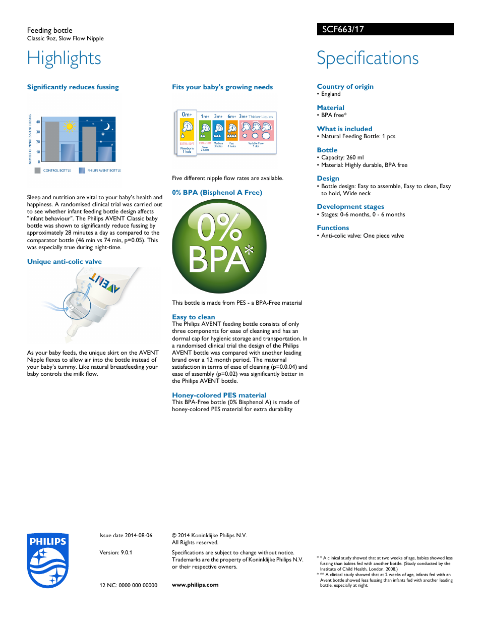 Highlights, Significantly reduces fussing, Fits your baby's growing needs | Unique anti-colic valve, Honey-colored pes material, Country of origin, What is included, Development stages, Specifications | Philips SCF663-17 User Manual | Page 2 / 2