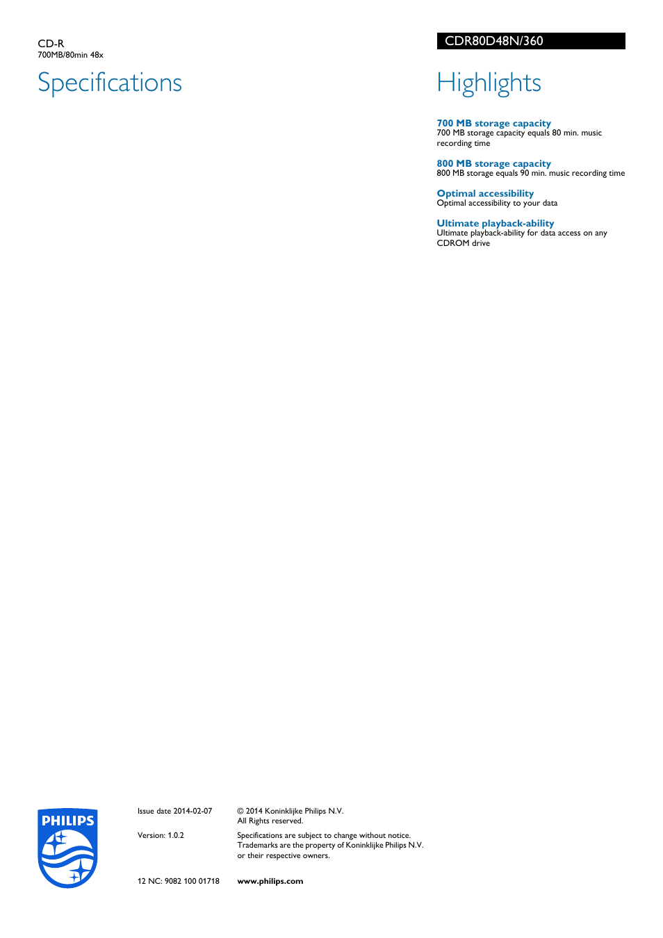 Cdr80d48n/360, Highlights, 700 mb storage capacity | 800 mb storage capacity, Optimal accessibility, Specifications | Philips CDR80D48N-360 User Manual | Page 2 / 2