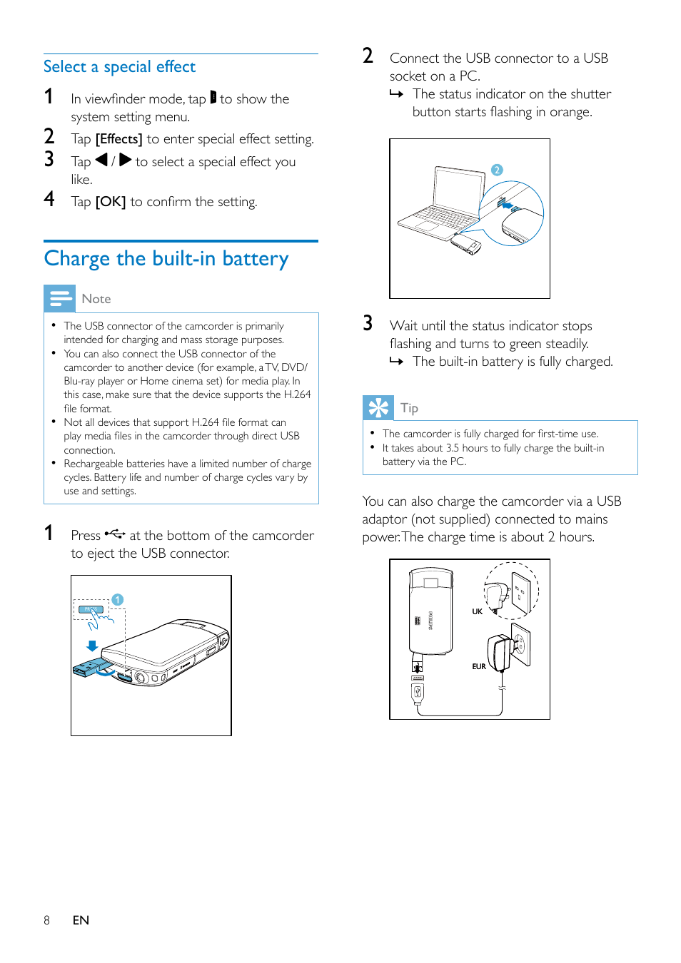 Charge the built-in battery | Philips CAM300WH-37 User Manual | Page 10 / 22
