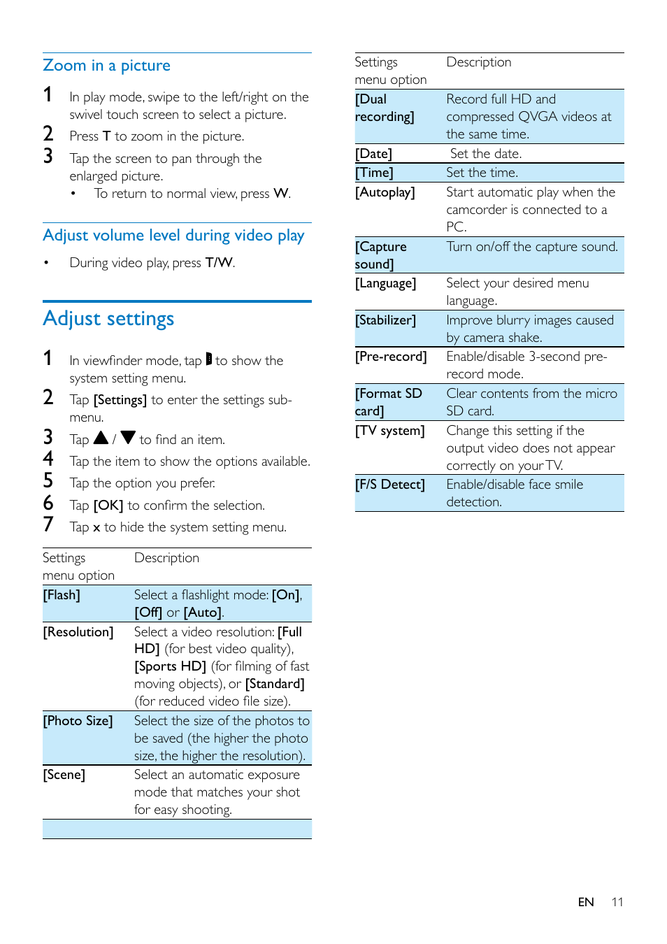Adjust settings, Adjust settings 1 | Philips CAM300WH-37 User Manual | Page 13 / 22